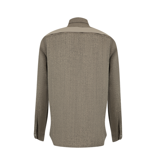 Image 2 of 2 - NEUTRAL - Rick Owens Mens Wool Overshirt is crafted from a lightweight wool material. Features a hip-length boxy fit, snap-front closure, classic shirt collar, beveled side seams, snap cuffs, double topstitching, two flap chest pockets, two internal zip pockets, signature level shoulder seams, and a cotton webbing strap with rivet detail at the back yoke. Main Material: 100% Wool. 