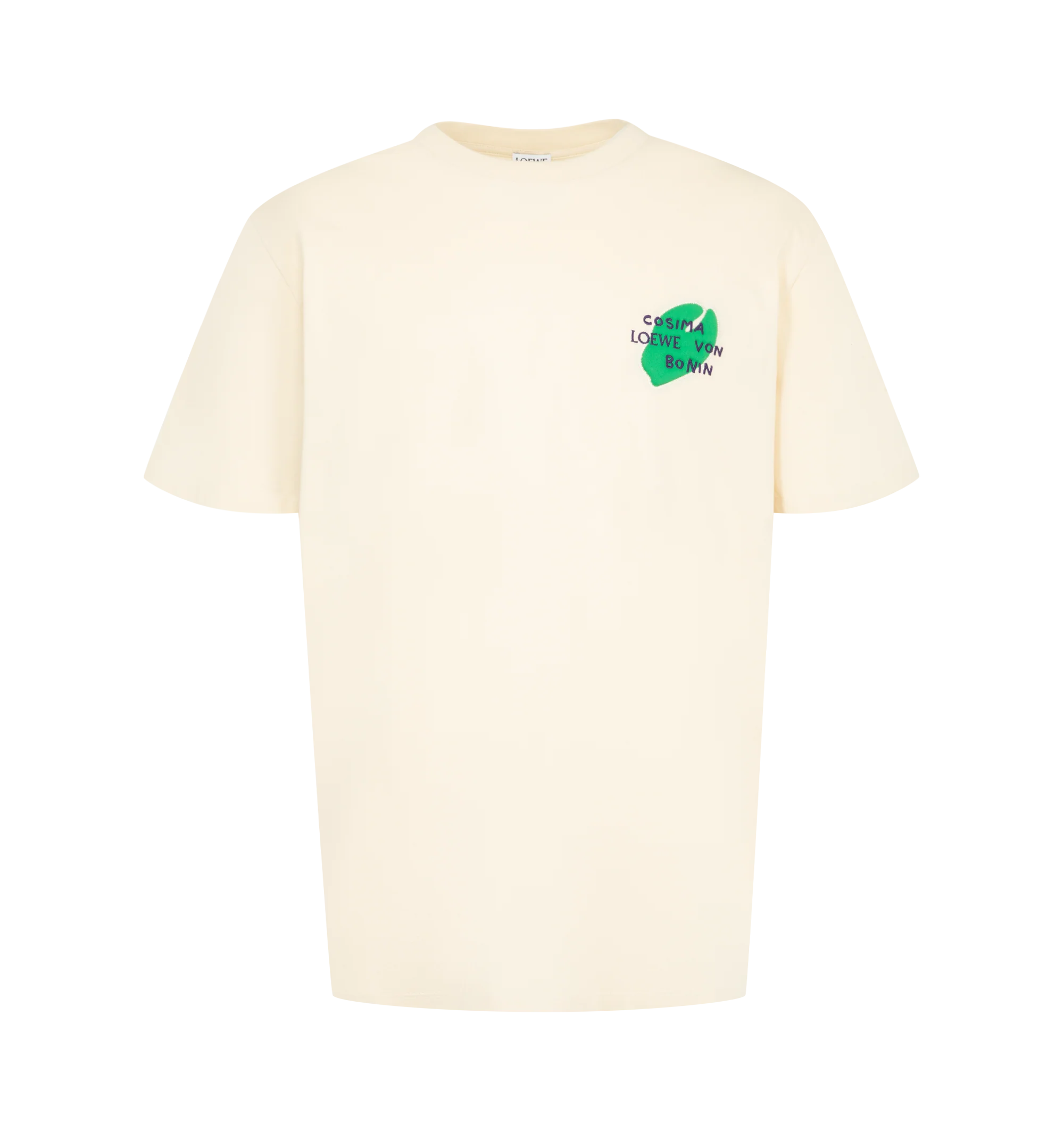 Image 1 of 2 - NEUTRAL - Loewe Men's Relaxed Fit T-Shirt is crafted from medium-weight cotton jersey and features a relaxed-fit silhouette with a regular length. Designed with a crew neckline, ribbed collar, embroidered LOEWE x Cosima Von Bonin padded motif at the chest, and an embroidered Double L logo at the back. Main Material: 100% Cotton. Made in Portugal.