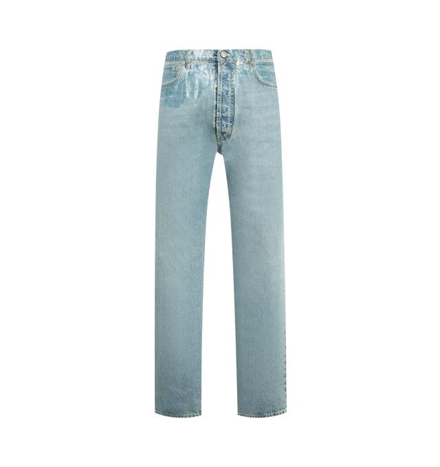 Image 1 of 3 - BLUE - MAISON MARGIELA Taped Straight-leg Jeans featuring full-length, straight-leg, paint-effect detail on front, button and zip closure and four stitches at the back. 100% cotton. Made in Italy.