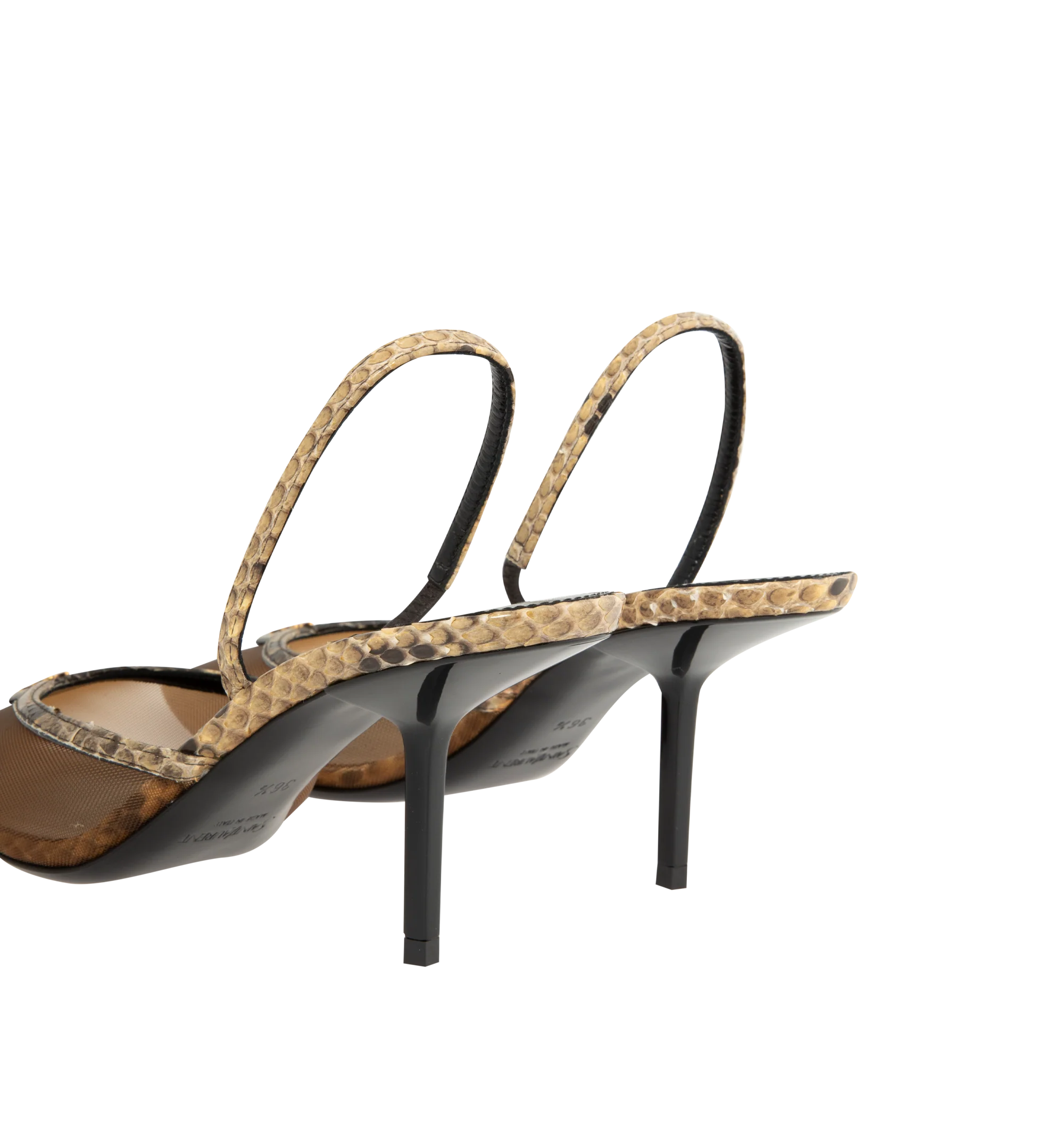 Image 3 of 4 - BROWN - Saint Laurent Women's Slingback Pumps are crafted from semi-sheer mesh with python trim and feature a pointed-toe silhouette accented by the iconic Cassandre hardware. Designed with an elasticized slingback strap, low stiletto heel, leather sole, and a Saint Laurent-engraved metal plaque on the insole for an elegant and refined finish. Main Material: 70% Polyamide, 30% Python. Lining: Calf Leather. Sole: Calf Leather. Heel Height: 7.5 cm / 75mm . Made in Italy.