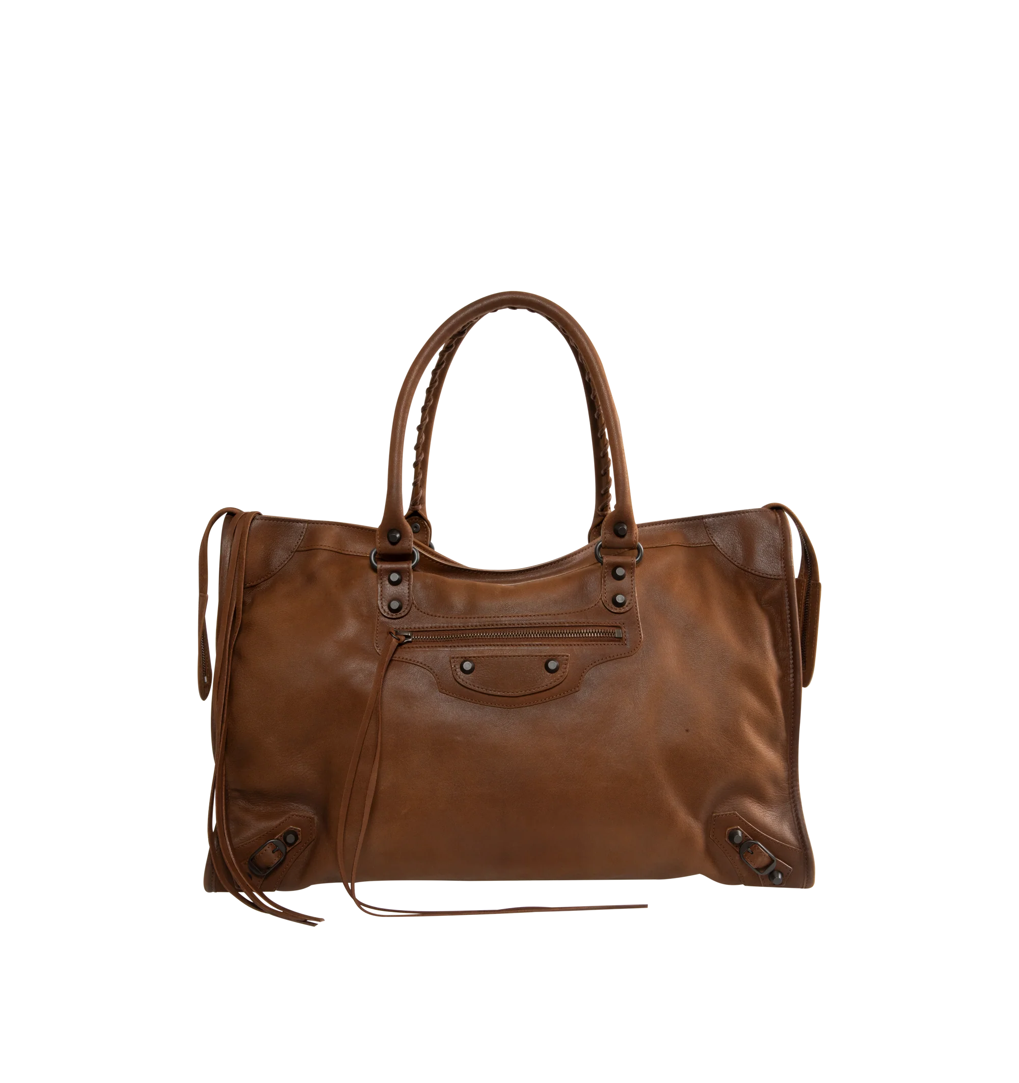 Image 1 of 3 - BROWN - Balenciaga Men's Le City Bag Large is crafted from vintage goatskin and features the house's iconic relaxed silhouette with two hand-braided handles detailed with waxed cord. Designed for hand or crossbody carry, this designer bag features an adjustable and removable shoulder strap with shoulder pad, brass hardware, a double-sided zip closure with long tails and knotted leather puller, front zipped pocket, interior zipped pocket, removable mirror with tone-on-tone Balenciaga logo, and