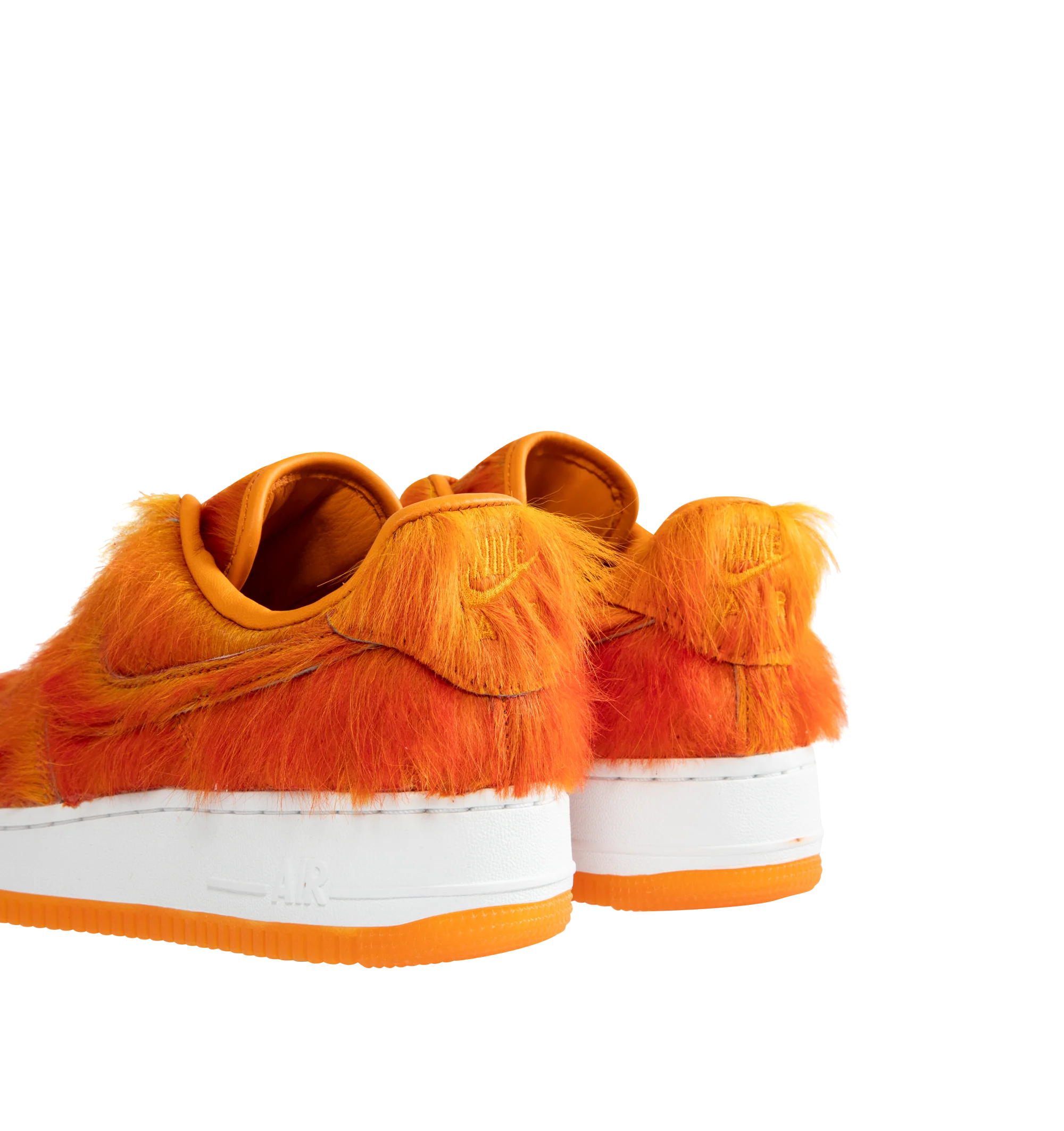 Image 3 of 5 - ORANGE - Nike Air Force 1 "Multi-Color and Sunset" Sneakers update the classic basketball-inspired silhouette with a shaggy, hair-like upper in vivid sunset orange. Tonal Swoosh branding, a lace-up closure, and a padded collar complete the low-top design, while a white Air-cushioned midsole and orange rubber outsole provide comfort and traction. Sole: Rubber. 