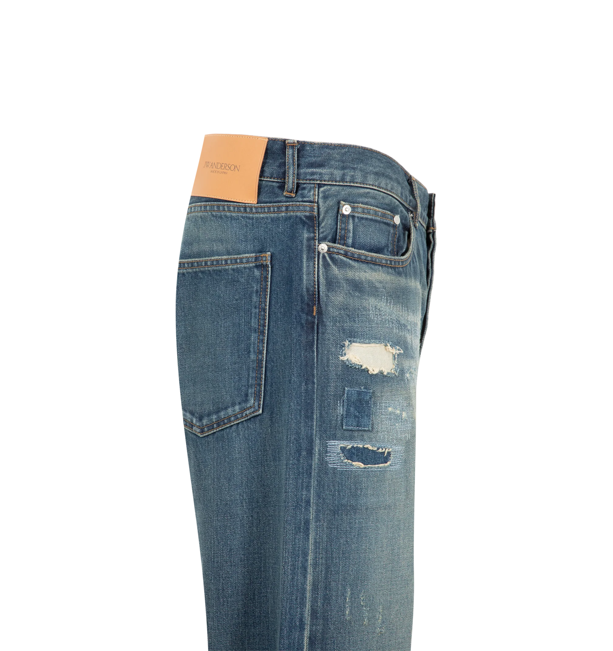Image 3 of 3 - BLUE - JW Anderson Men's Straight Leg Denim Jeans are crafted from Japanese selvedge denim and feature a classic mid-rise, straight-leg silhouette in a dark blue wash. Developed in collaboration with expert Japanese denim makers, the jeans are designed with a leather logo patch, custom logo shank buttons and rivets, an anchor rivet at the ticket pocket, and a pocket bag screen-printed with "Made in Japan." Main Material: 100% Cotton. Lining: 100% Cotton. Made in Japan.