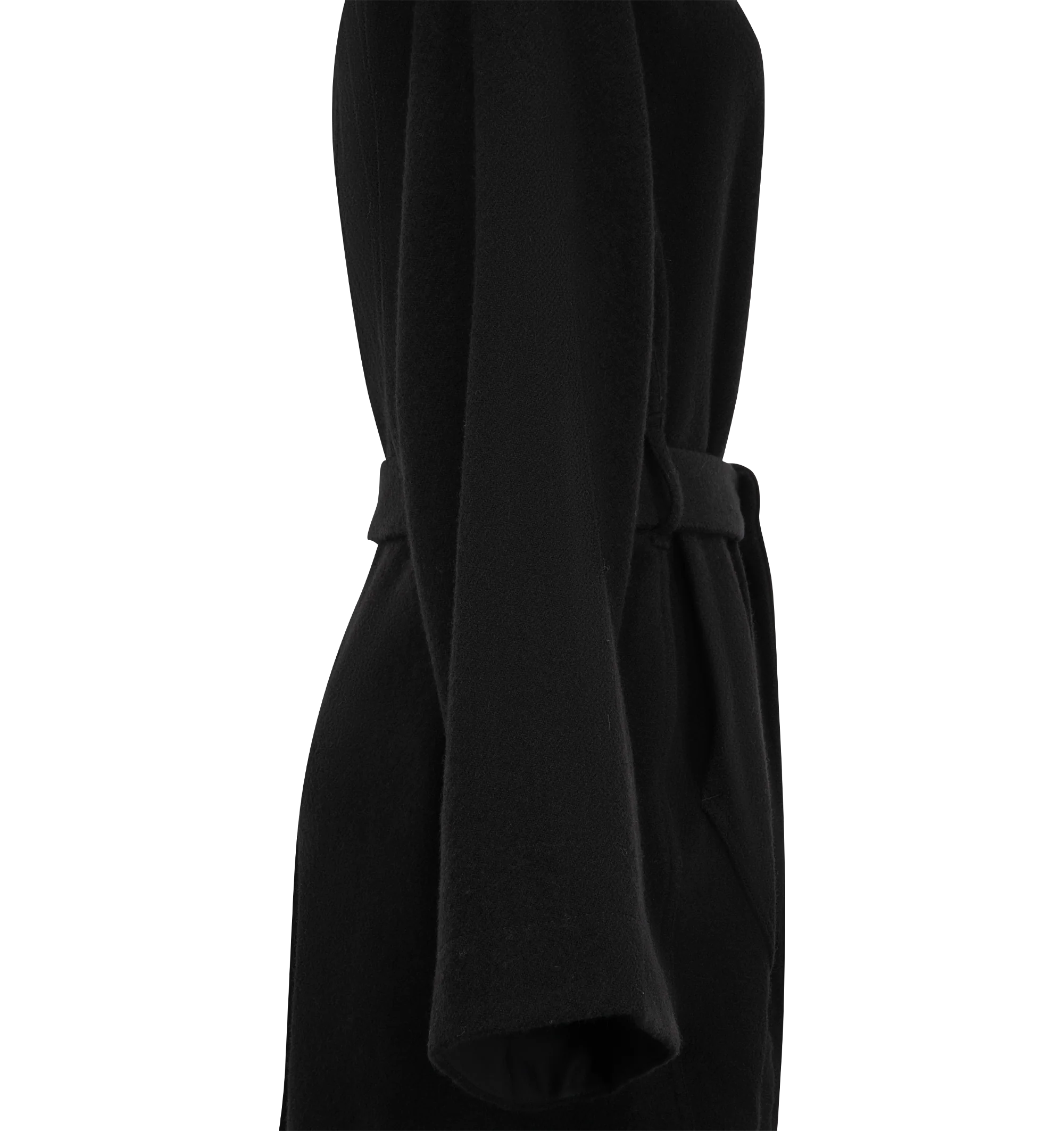 Image 3 of 4 - BLACK - Rick Owens Women's Dagger Robe is crafted from virgin wool and features a relaxed, draped silhouette with a deep cowl neckline. Designed with wide bell sleeves, a self-tie waist belt, two front pockets, and a midi-length hem for an elegant, fluid shape. Main Material: 100% Virgin Wool.