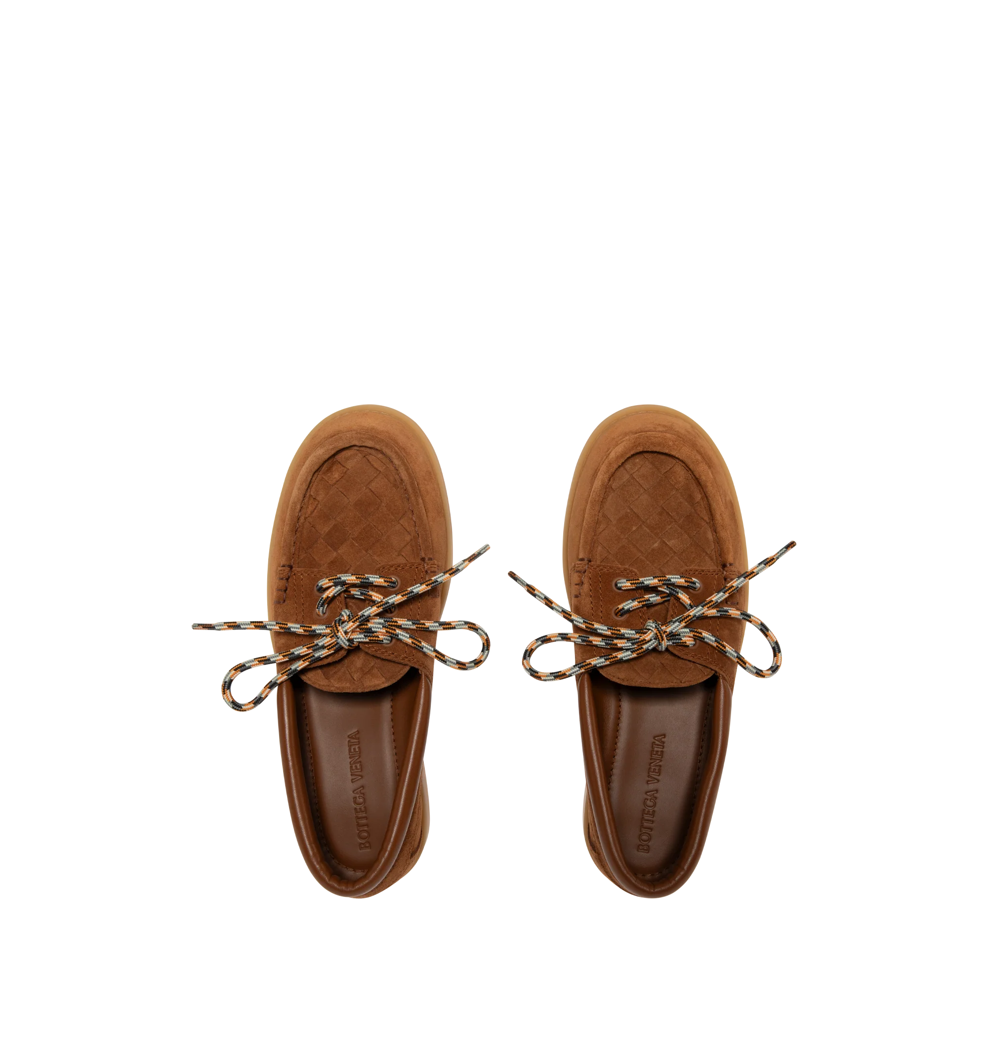 Image 4 of 4 - BROWN - Bottega Veneta Mens Suede Boat Shoes are crafted from rugged suede. Feature an Intrecciato suede vamp, leather lining, and durable rubber outsole. Upper: Suede; Lining: Calfskin; Outsole: Rubber. Made in Italy. 