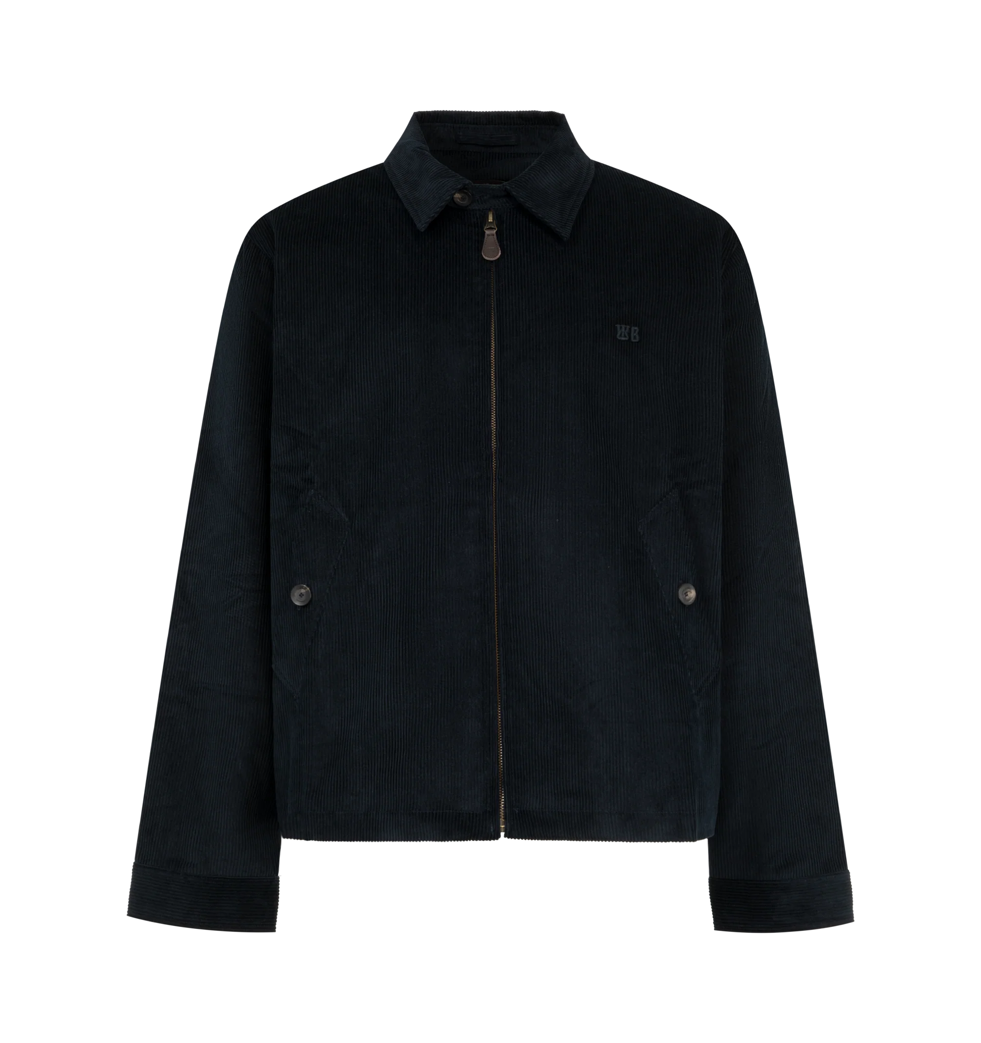 Image 1 of 2 - BLUE - Wales Bonner Men's Drew Jacket is crafted from thick cotton corduroy and presented in a rich navy finish. Designed with a substantial, textured construction, this designer jacket reflects Wales Bonner's refined approach to classic menswear and heritage-inspired materials. Finished with a viscose and wool-blend lining and pure cotton pocket lining for added comfort and structure. Main Material: 100% Cotton. Lining: 85% Viscose, 15% Wool. Pocket Lining: 100% Cotton.