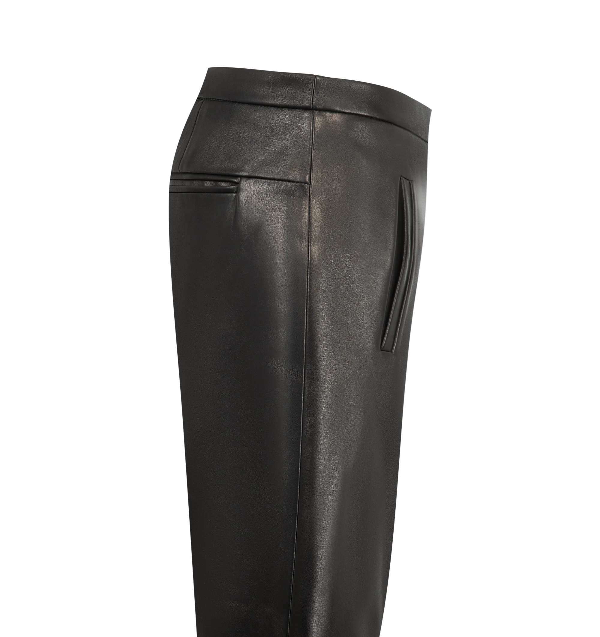 Image 3 of 3 - BLACK - Khaite Women's Leather Miles Pant is crafted from supple lamb leather and features a low-rise silhouette with a straight-to-tapered leg. Designed with panelled construction, side pockets, back welt pockets, and a zip-and-button closure. Main Material: 100% Lamb Leather. Made in Italy.