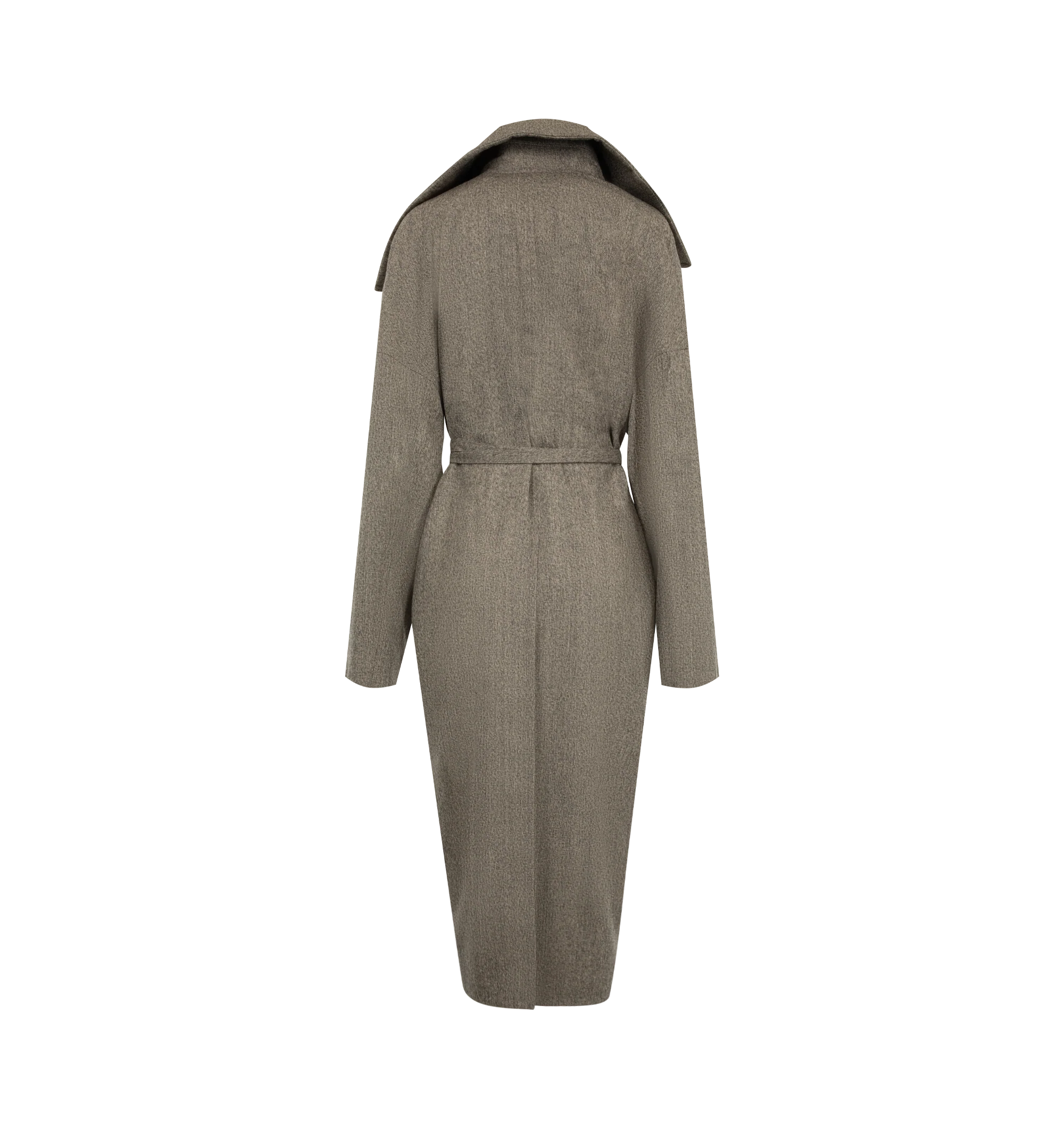 Image 2 of 3 - GREY - Rick Owens Women's Dracucollar Belted Coat is crafted from medium weight melange wool and features a below-knee silhouette with an extended draped collar and dropped shoulders. Designed with a wrap-front closure secured by an attached belt, the coat is finished with concealed forearm zip pockets, side seam pockets, a back slit, and internal zip pockets. Main Material: 100% wool. Lining: 100% cupro.