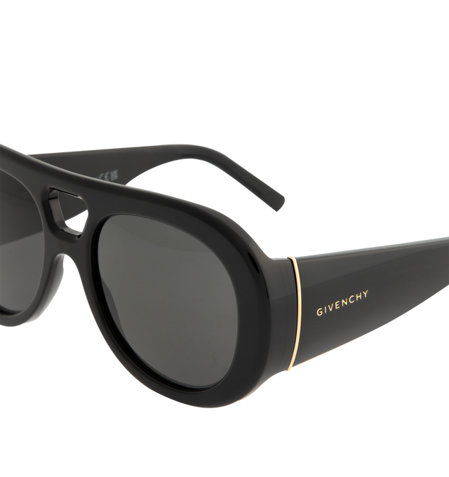 Image 3 of 3 - BLACK - GIVENCHY Bold Sunglasses featuring aviator-style acetate-frame sunglasses, gray lenses, integrated nose pads, double bridge and logo engraved at temples. 100% UVA/UVB protection. Acetate. Made in Italy. 
