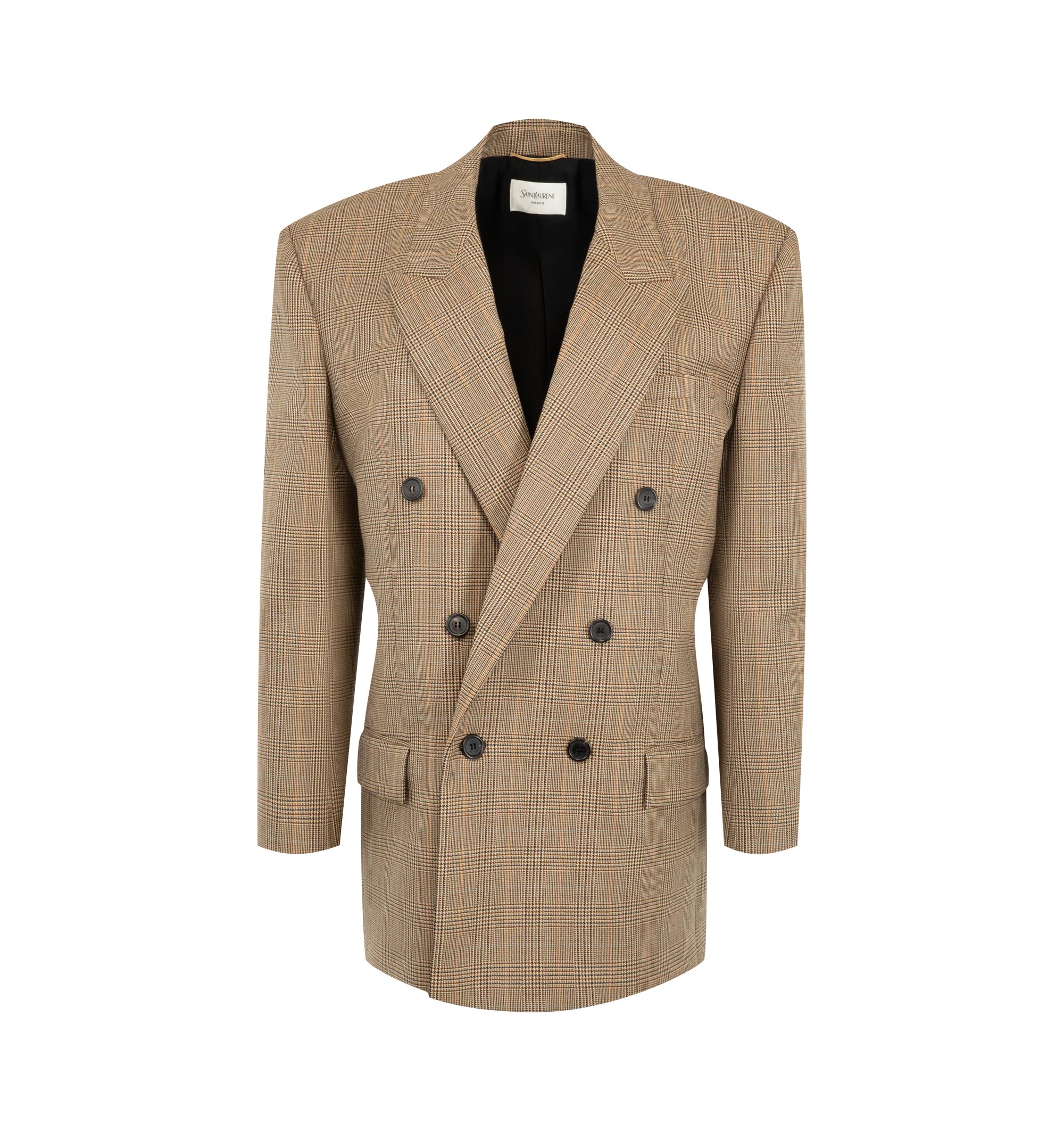 Image 1 of 2 - BROWN - Saint Laurent Womens Double-Breasted Jacket is crafted from certified virgin wool in a Prince of Wales puppytooth weave and features a subtly oversized silhouette with a peaked lapel. Designed with a double-breasted six-button closure, padded shoulders, two front flap welt pockets, a chest welt pocket, two interior jetted pockets, four-button cuffs, and a single back vent. Main Material: Certified Virgin Wool; Lining: Silk. Made in Italy.
