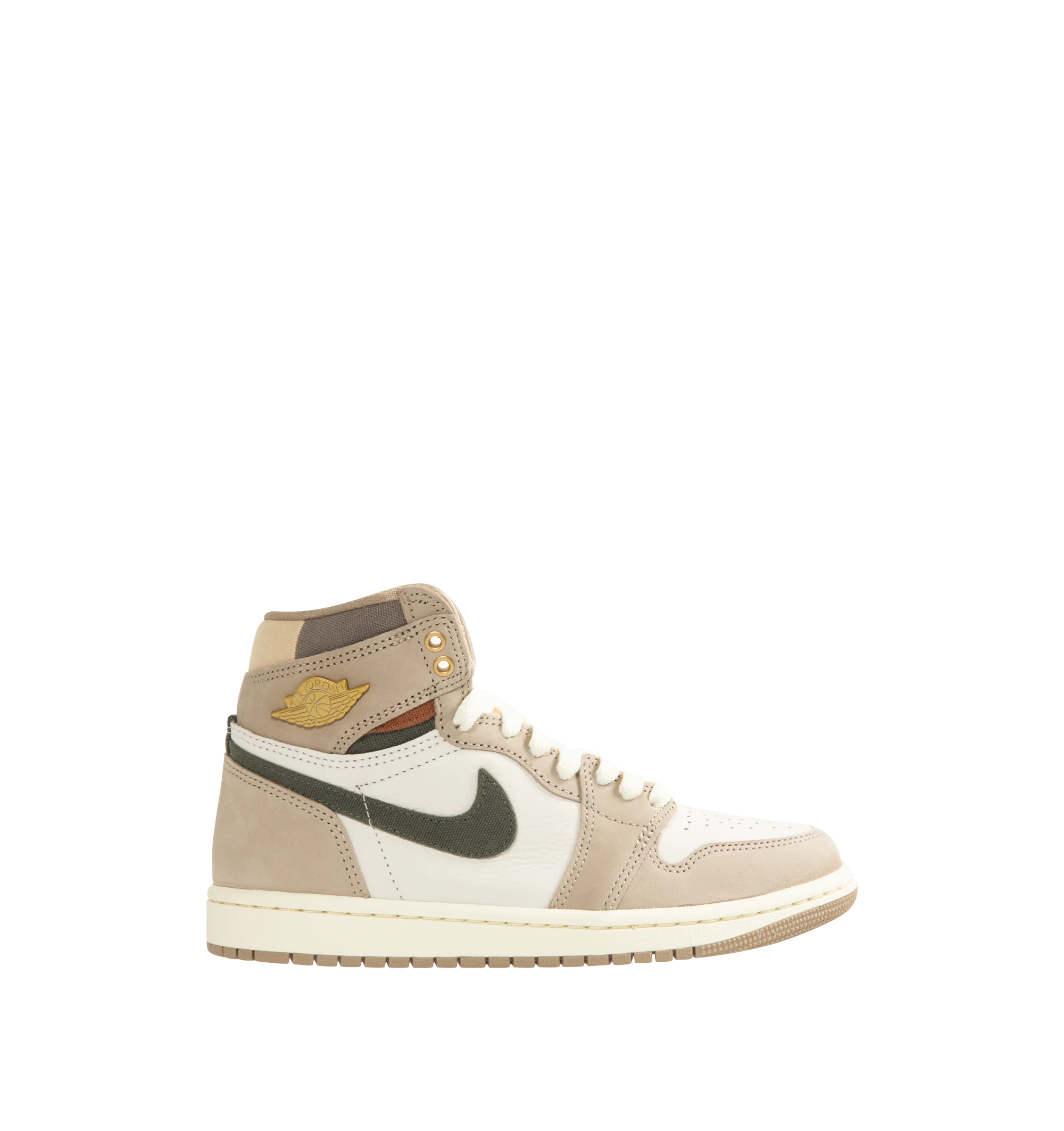 Image 1 of 5 - NEUTRAL - Women's Air Jordan 1 Retro High OG Sneakers feature a premium leather upper with suede overlays, a high-top silhouette, and signature Air Jordan Wings branding for a timeless heritage look. These lifestyle sneakers combine encapsulated Air-Sole cushioning, a perforated toe box, and a durable rubber outsole for lightweight comfort, breathable support, and reliable traction on and off the court. Main Material: Genuine Leather and Suede. Midsole: Encapsulated Air-Sole Unit. Sole: Rubbe