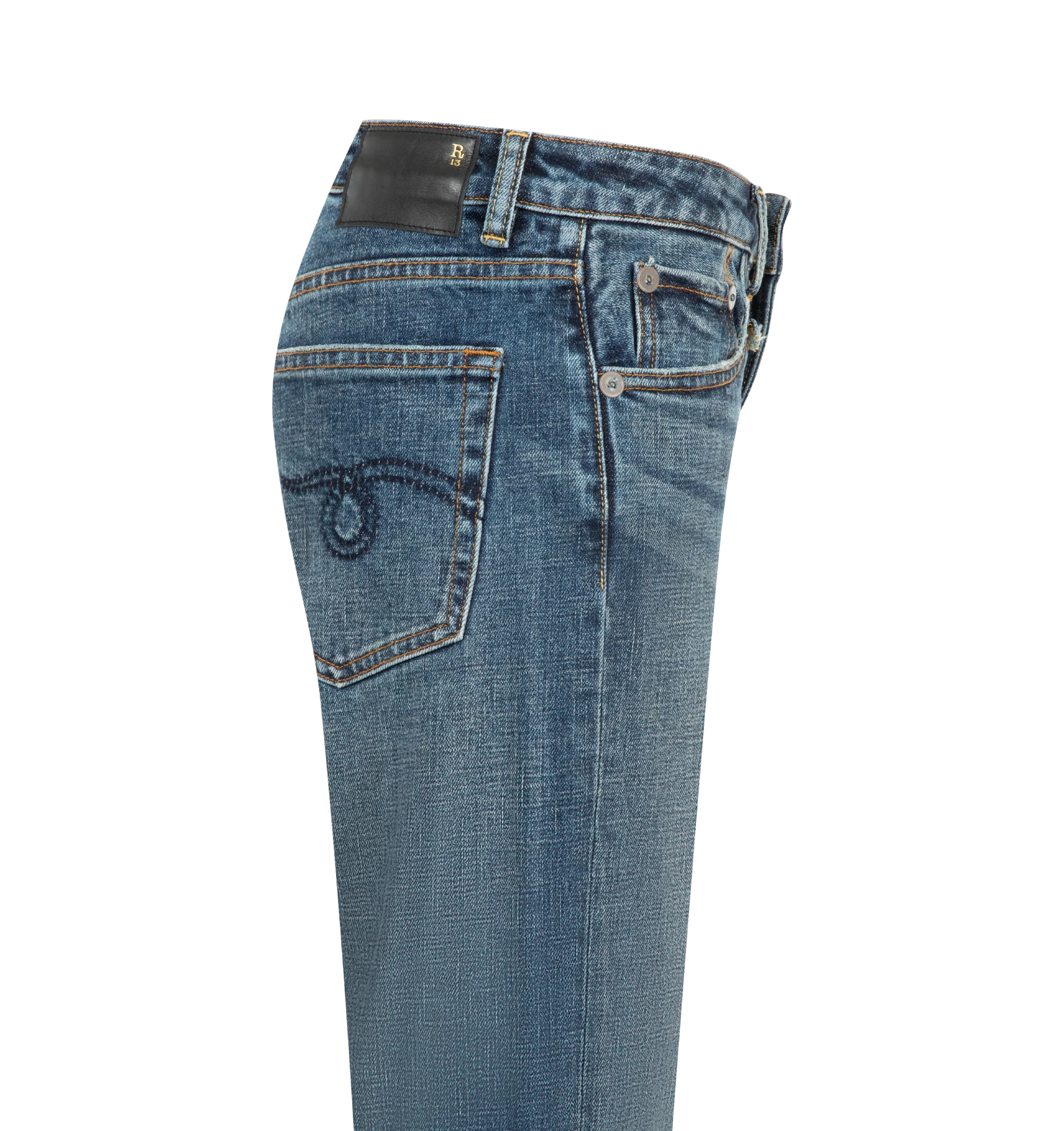 Image 3 of 3 - BLUE - R13 Womens Effie Jeans are crafted from 13 oz. rigid denim and feature a low-rise, relaxed straight-leg silhouette. Finished with a medium Sanford Blue wash and a moderate vintage wear pattern. Main Material: 100% Cotton. Made in the USA.