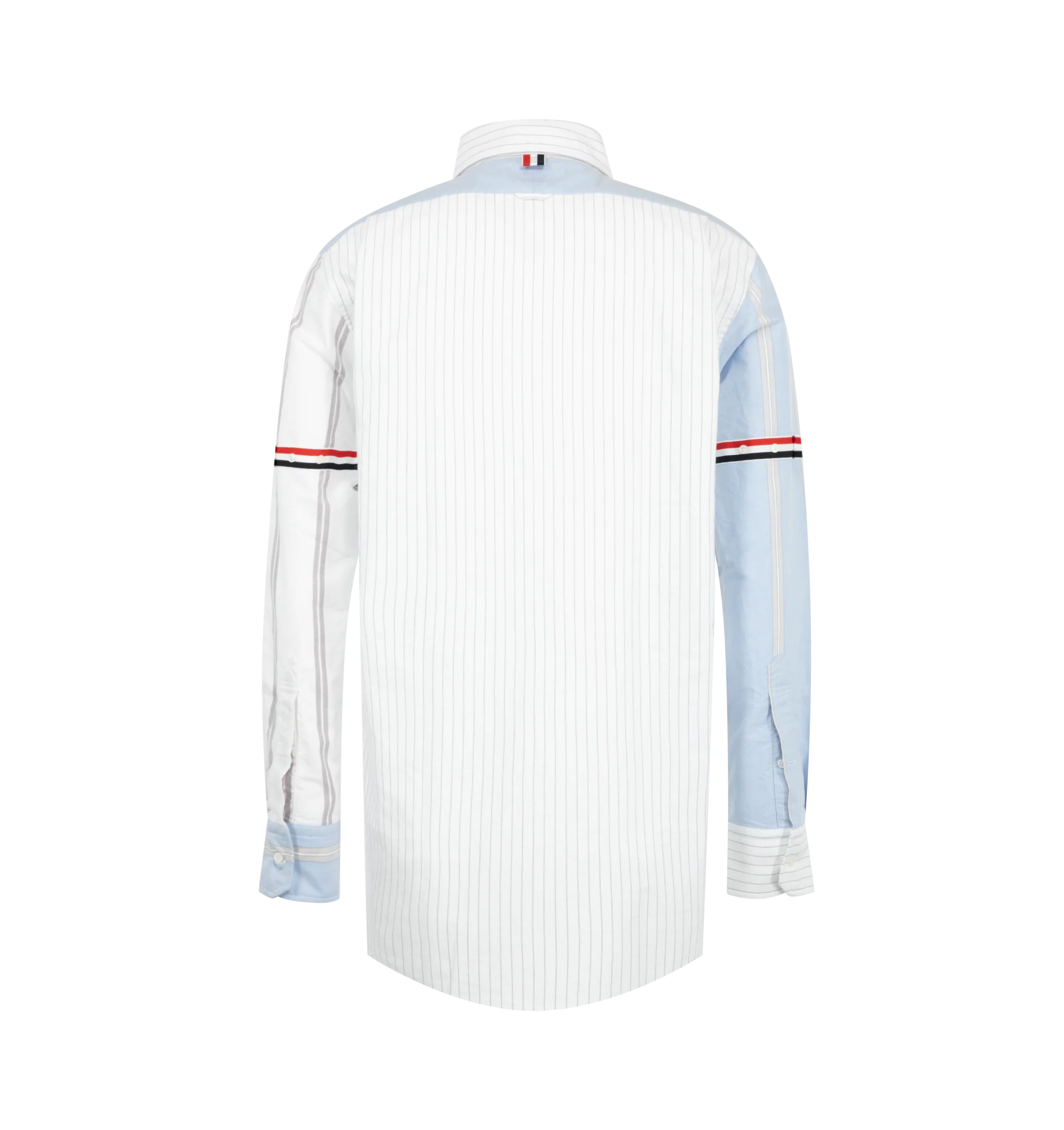 Image 2 of 2 - BLUE - Thom Browne Mens Funmix Straight Fit Button-Down Shirt is crafted from pinstripe Oxford cotton and features a straight-fit silhouette, button-down collar, front button closure, chest patch pocket, signature grosgrain armband, name tag appliqu, pleated back yoke with locker loop, and the signature striped grosgrain loop tab. This designer button-down Oxford shirt combines mixed-pattern detailing with classic tailoring for elevated everyday wear. Main Material: 100% Cotton. Made in Italy