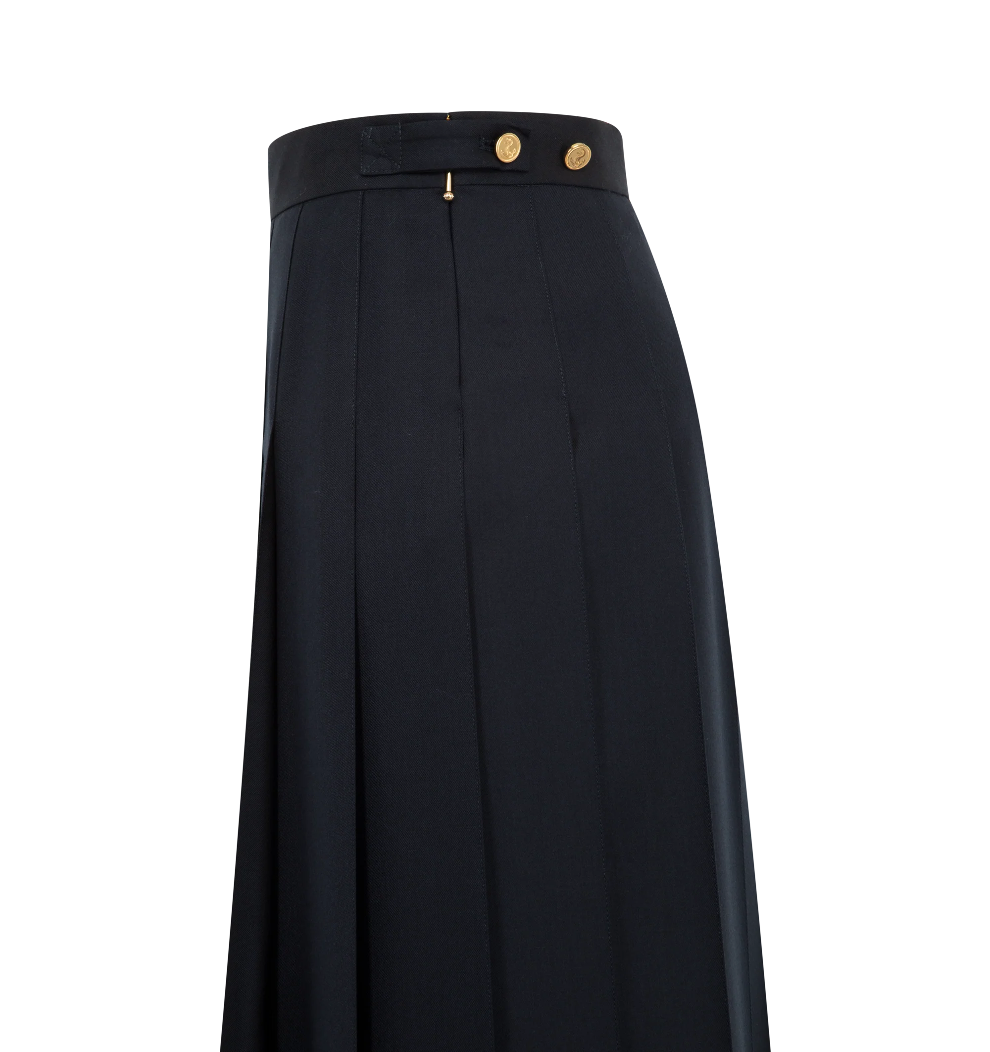 Image 3 of 3 - BLUE - Thom Browne Womens Pleated Long Skirt is crafted from wool twill. Features a pleated silhouette, side zip closure, adjustable button backstrap, dropped back hem with signature grosgrain trim, and signature grosgrain loop tab at the back waist. Main Material: 100% Wool; Lining: 100% Cupro. Made in Italy.
