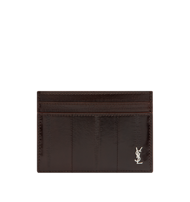 Image 1 of 3 - BROWN - SAINT LAURENT Logo Card Holder featuring a tiny logo, silver-tone hardware and five card slots. 4.1" x 2.9" x 0.1". Calfskin. Made in Italy.