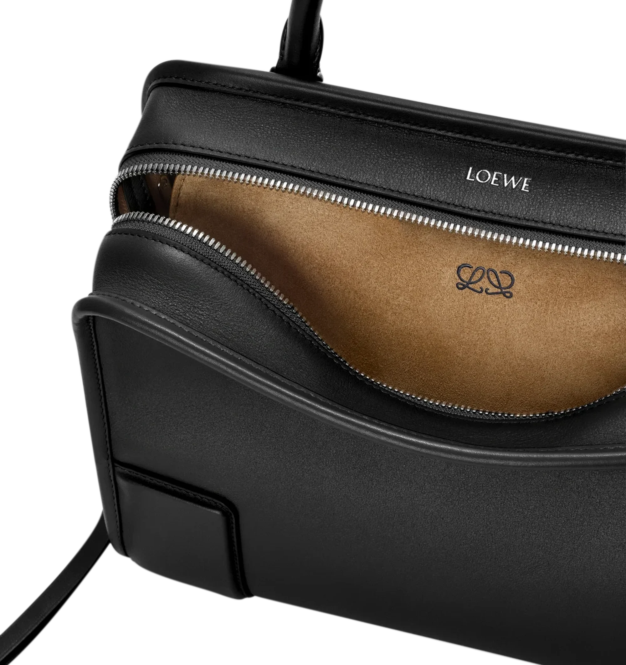 Image 12 of 17 - BLACK - Loewe Amazona Medium 180 Bag in soft calfskin leather featuring a relaxed silhouette with a single toron top handle, designed to be carried open, while a concealed closure secures the main compartment, removable shoulder and crossbody straps, zip closure with two leather zip pullers, two compartments, main compartment closed with magnetic closure, internal flat pocket, suede lining and embossed logo. Soft calfskin. Strap length 108 cm; Strap Drop 50 cm; Handle drop 11 - 28 cm; Heigh