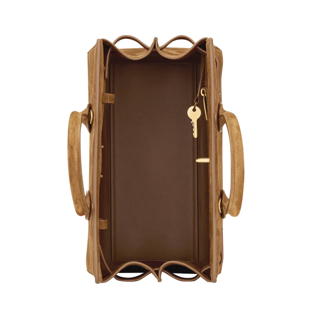 Image 6 of 6 - BROWN - SAINT LAURENT Sac De Jour Suede Bag featuring signature padlock, an east/west format, structured bag, top handles, interchangeable straps for multiple carry options, viscose and polyester lining, bronze-tone hardware, toggle hook closure, expandable accordion sides, one zip pouch and interchangeable suede strap and canvas strap. 9.8" x 7.5" x 5.9". Calfskin. Made in Italy.