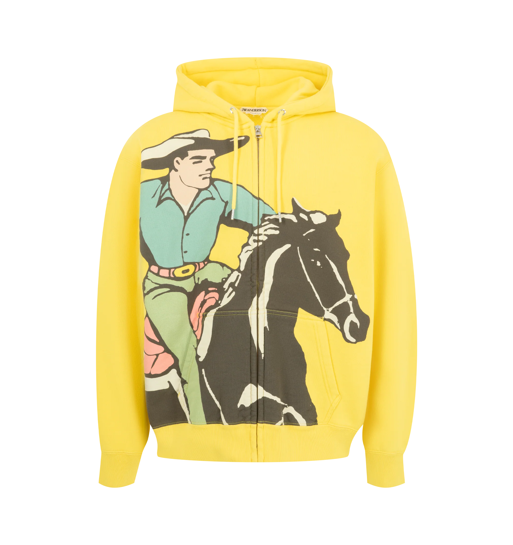Image 1 of 2 - YELLOW - JW Anderson Men's Cowboy Front Zip Hoodie features a cowboy graphic inspired by vintage ephemera, a full-zip closure, adjustable hoodie, and finished with ribbed cuffs and hem. 100% Cotton.