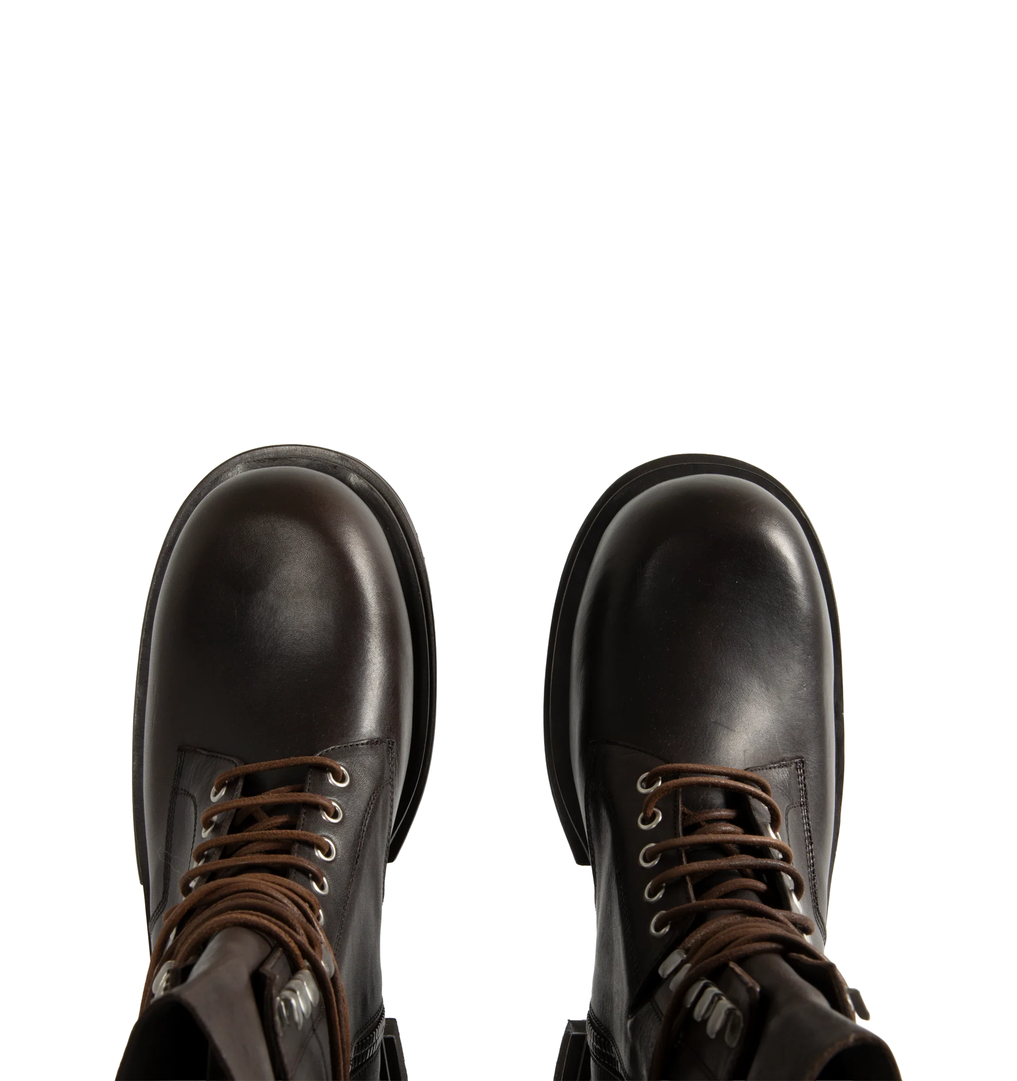 Image 4 of 4 - BROWN - Rick Owens Men's Laceup Bogun Boots are crafted from washed calf leather and feature a mid-calf silhouette with long wraparound laces, a rounded toe, and the brand's signature Bogun rubber mega creeper sole. Designed with eyelets and hooks, angled topstitched panels, an inner-leg zip closure, a back pull tab, and a toothed square heel for a bold, architectural look. Main Material: 100% Calf Leather. Lining: 100% Calf Leather. Insole: 100% Calf Leather. Intersole: 100% Cow Leather. Sol 