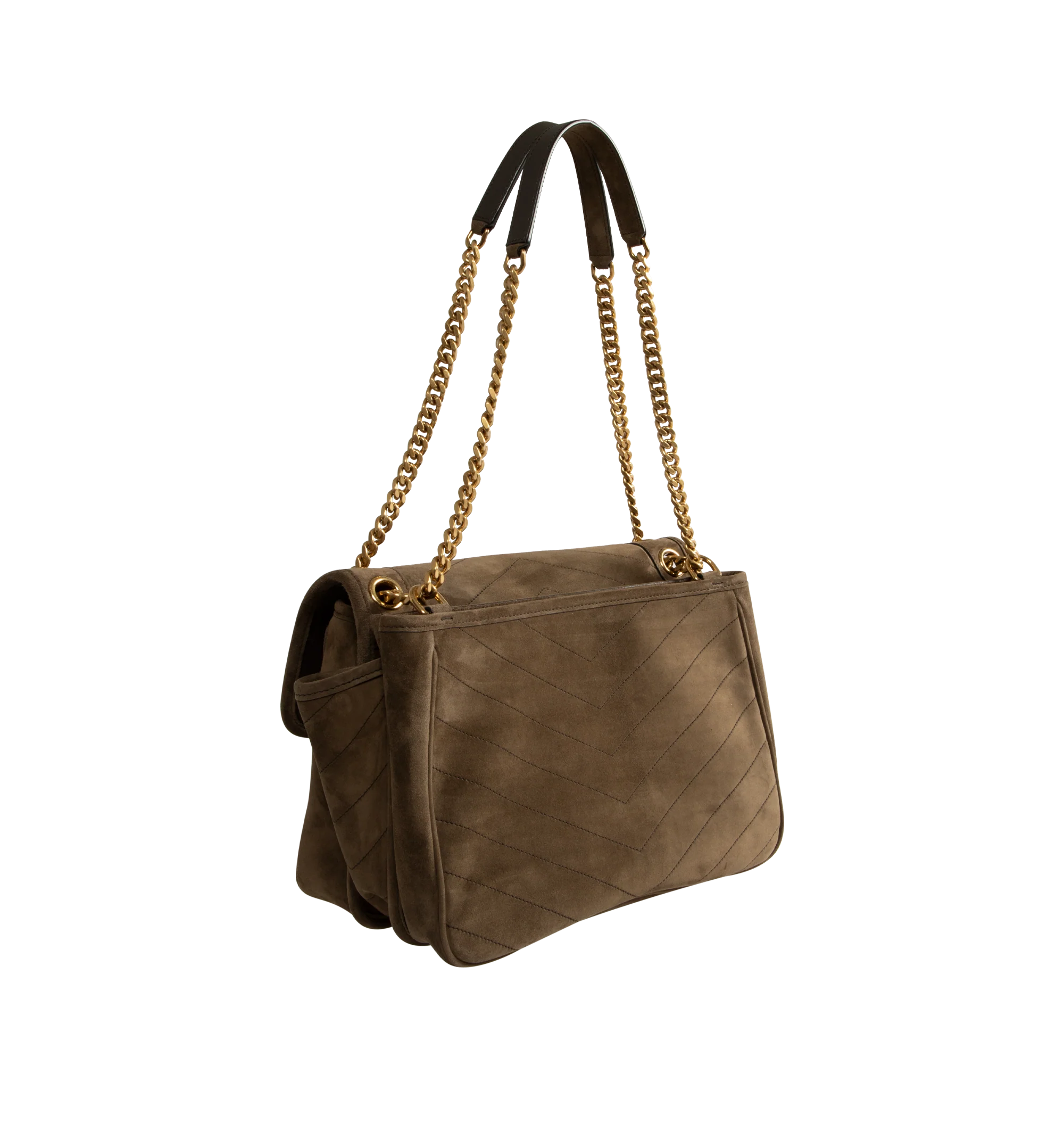 Image 2 of 3 - BROWN - Saint Laurent Womens Shoulder Bag is crafted from vintage calfskin leather suede. Features signature Cassandre logo, chevron-quilted topstitching, sliding chain strap for shoulder or crossbody wear, magnetic flap closure, three main compartments, one flat pocket, one zip pocket, cotton lining, and silver-tone hardware. Main Material: Calfskin Leather Suede; Lining: Cotton; Hardware: Brass. Dimensions: 28 x 13.5 x 20.5 cm / 11'' x 5.3'' x 8.1'' Made in Italy. 