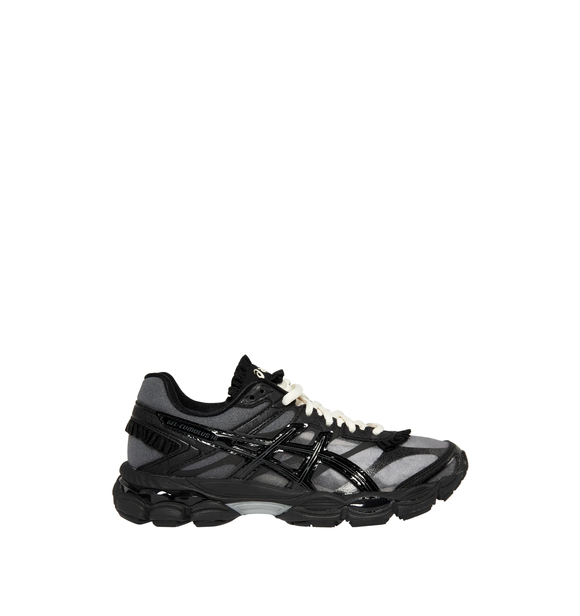 Image 1 of 5 - BLACK - Asics Men's Gel-Cumulus 16 Sneakers feature a synthetic upper with seamless paneling and synthetic leather overlays for a streamlined, supportive fit. Inspired by the brand's iconic 2010s running silhouette, these lifestyle sneakers combine dual GEL cushioning and a FLUIDRIDE midsole for lightweight comfort, responsive cushioning, and everyday wear. Main Material: Synthetic. Sole: Rubber.