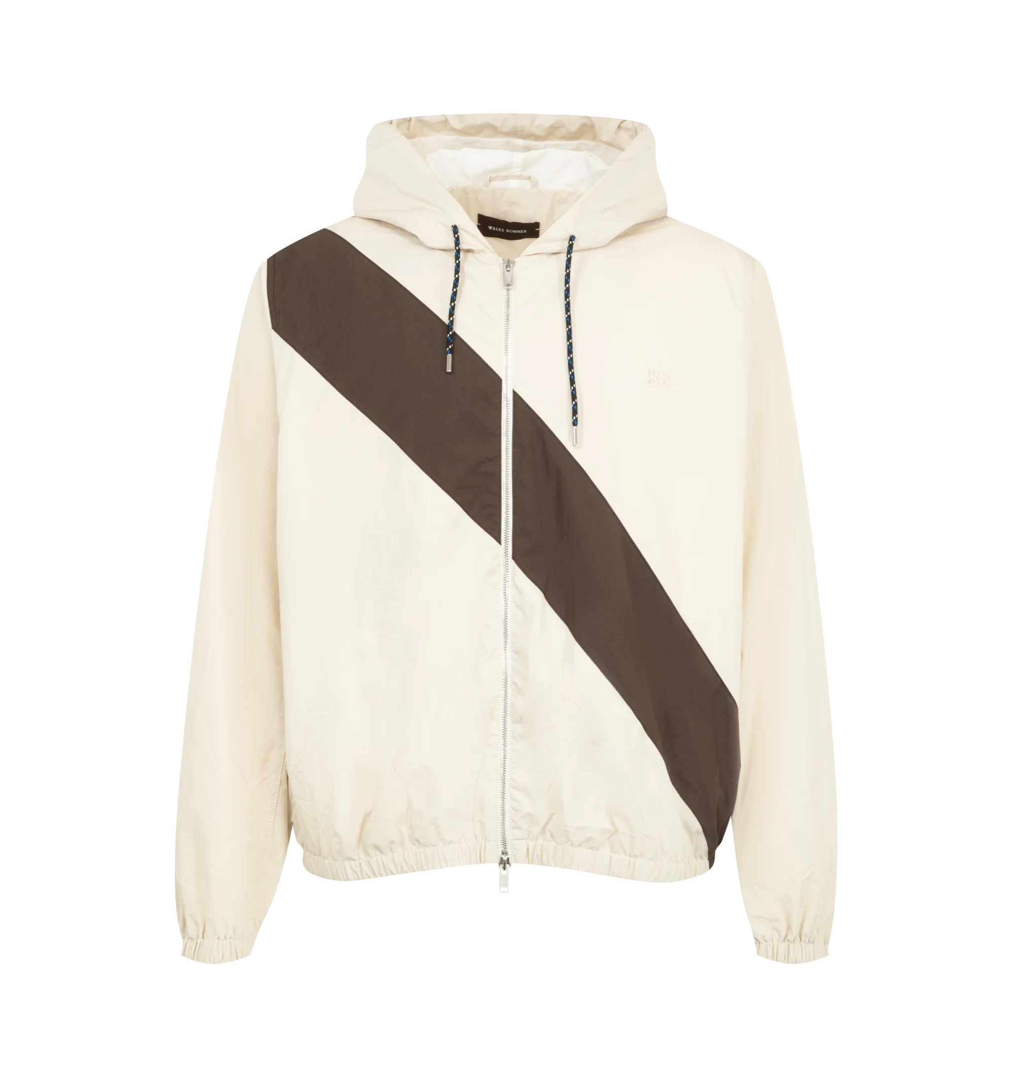 Image 1 of 3 - NEUTRAL - Wales Bonner Men's Kalpa Anorak is crafted from cotton-nylon taslan and features a relaxed silhouette in an oyster and dark brown colorway. Designed with a drawstring hood, two-way zip closure, dropped shoulders, and elasticized cuffs and hem. Main Material: Cotton/Nylon Taslan. Lining: Cotton/Nylon Blend.
