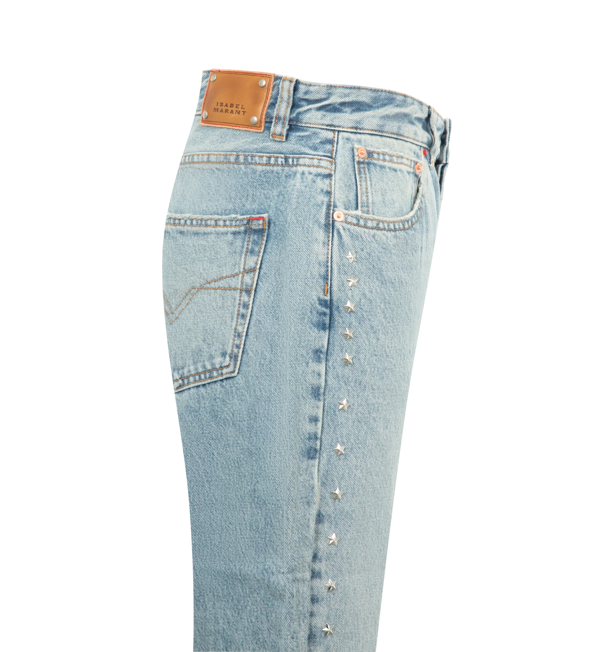 Image 3 of 3 - BLUE - Isabel Marant Women's Dayali Reg Jeans are crafted from vintage-blue cotton denim and feature a low-rise waist with a long-leg boyfriend fit. Silver-tone star studs embellish the back, coin pocket, and legs, while red contrast stitching, a signature red rivet, a studded leather jacron, and frayed hems complete the design. Finished with front scoop pockets and back patch pockets. Main Material: 100% Cotton.