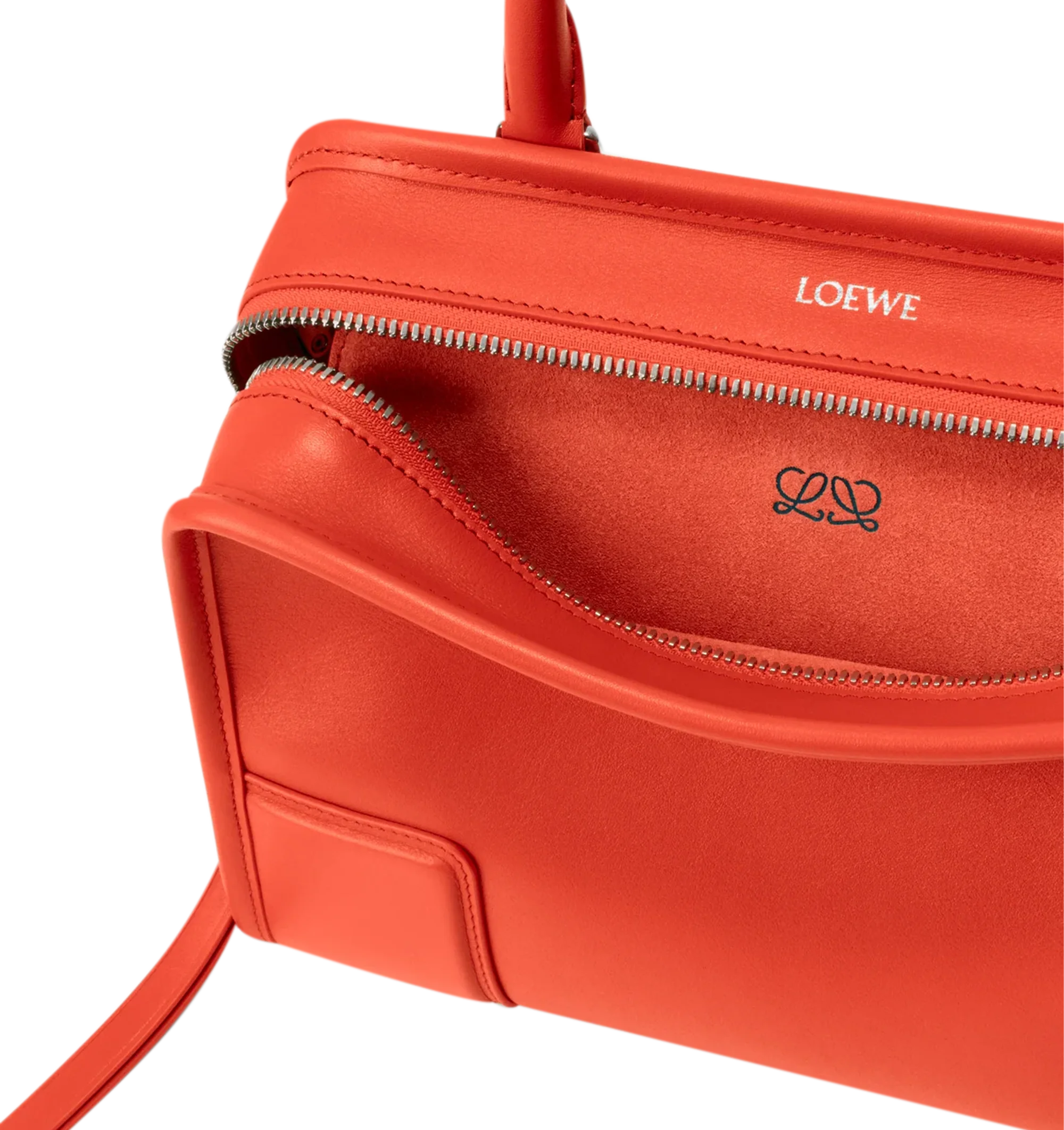 Image 12 of 17 - ORANGE - Loewe Small Amazona 180 Bag in leather features a relaxed silhouette anchored by a single toron top handle, designed to be carried open, while a concealed closure secures the main compartment, three carry options: short handle, removable shoulder strap and crossbody, zip closure with two leather zip pullers, two compartments, main compartment closed with magnetic closure, internal flat pocket, left side d-ring for customization, nappa lambskin lining, and embossed double L branding