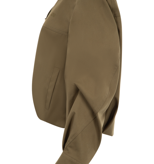 Image 3 of 3 - GREEN - LOEWE Jacket in medium-weight cotton and silk gabardine featuring a balloon silhouette, curved sleeves, regular fit, short length, classic collar, button front fastening, vertical welt pockets, fully lined and double L embroidery placed on the chest. Cotton/silk. Made in Italy.