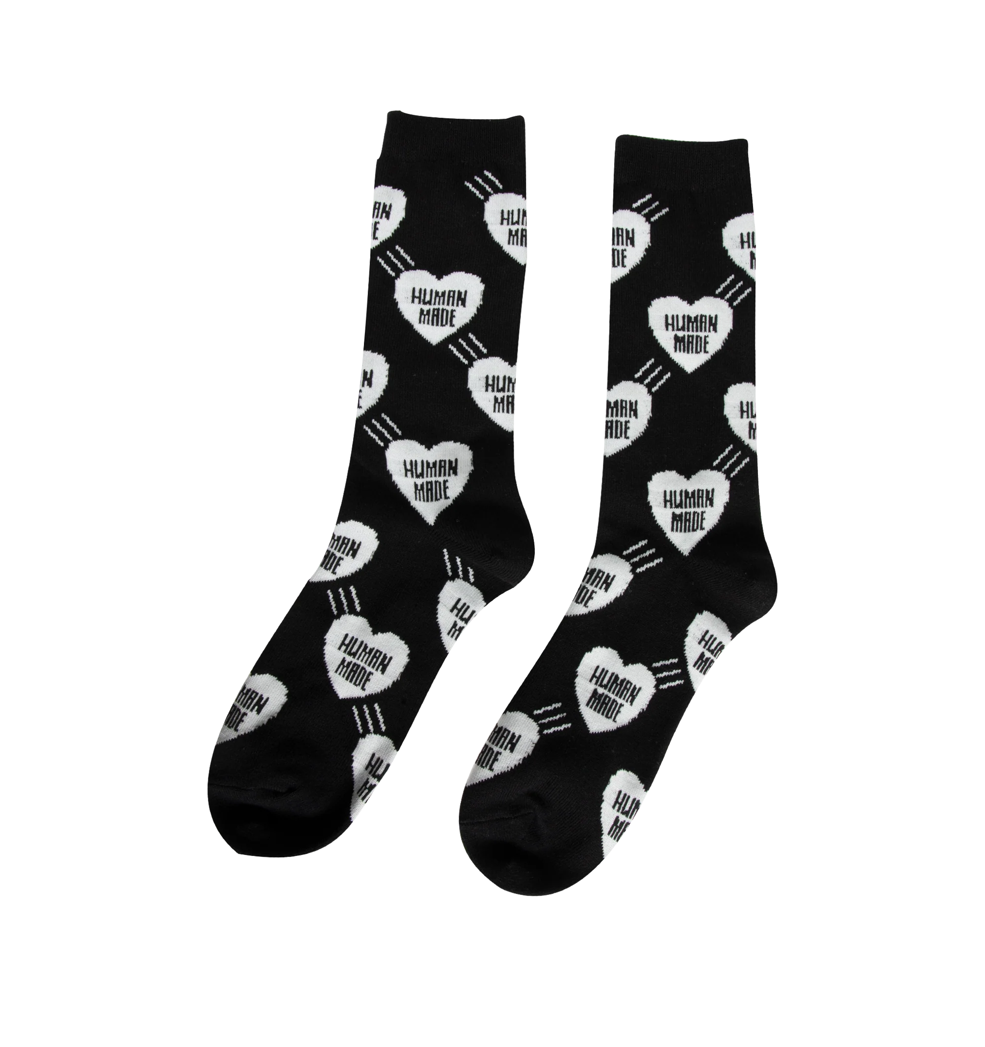 Image 2 of 2 - BLACK - Human Made Heart Socks are crafted from a lightweight cotton-blend fabric and feature a mid-length silhouette with an allover heart logo pattern. Designed with jacquard-woven heart graphics, elastic cuffs, and signature HUMAN MADE branding that adds a playful accent to everyday wear. Main Material: 48% Cotton, 19% Nylon, 18% Acrylic, 13% Polyester, 2% Spandex.