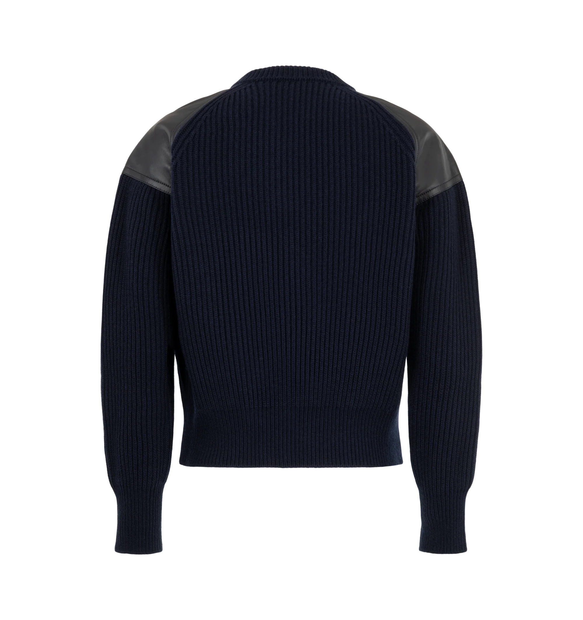 Image 2 of 2 - NAVY - Bottega Veneta Men's Rib Sweater is crafted from a wool-cashmere blend and features a ribbed knit construction with black leather shoulder panels. Designed with a crewneck and long sleeves, it is finished with an asymmetric zip fastening that runs diagonally from the collar to the hem. Main Material: 71% Wool, 29% Cashmere. Made in Italy. 
