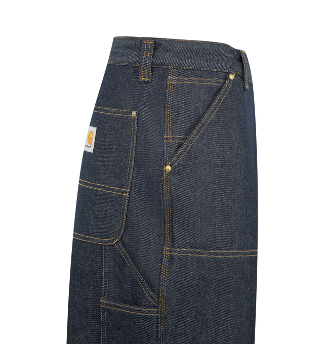 Image 3 of 3 - BLUE - CARHARTT WIP OG Double Knee Jeans featuring non-stretch denim, 12 oz denim, belt loops, five-pocket styling, zip fly, panel at legs, hammer loop and patch pockets at back legs and logo patch at back pocket. 100% cotton.  