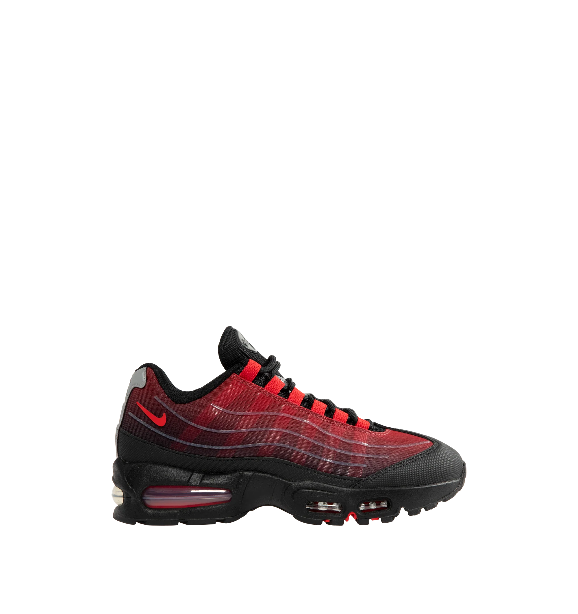 Image 1 of 5 - RED - Nike Men's Air Max 95 Big Bubble Sneaker featuring textile and synthetic leather, visible Max Air cushioning, flex grooves in the midsole and outsole, foam midsole and rubber outsole.