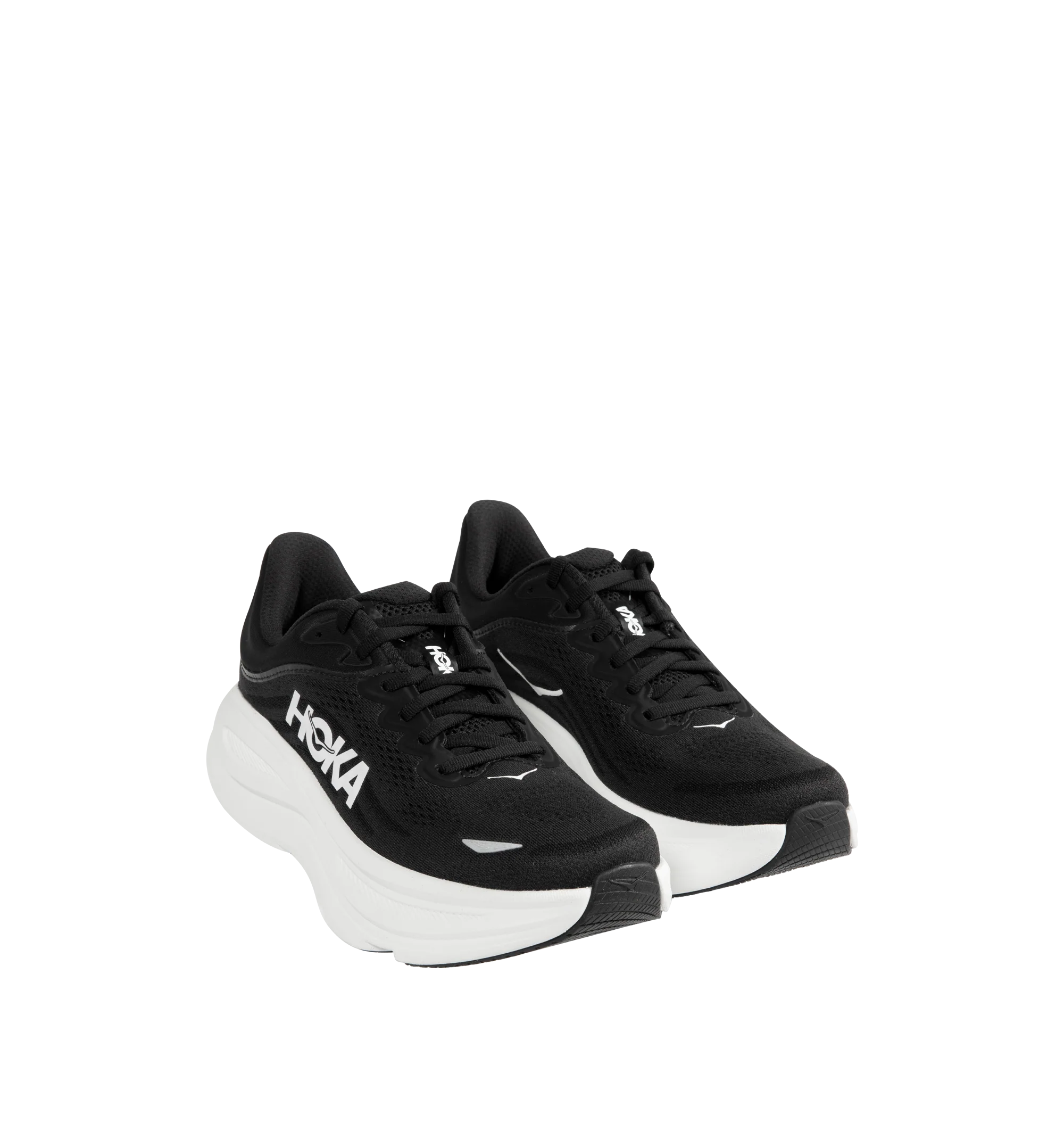 Image 2 of 5 - BLACK - HOKA M Bondi 9 Sneaker featuring engineered mesh upper with rubber sole, lace-up front, foamed EVA midsole and increased stack height for maximum cushioning, zonal breathability, reflective detailing and cushioned tongue and collar.