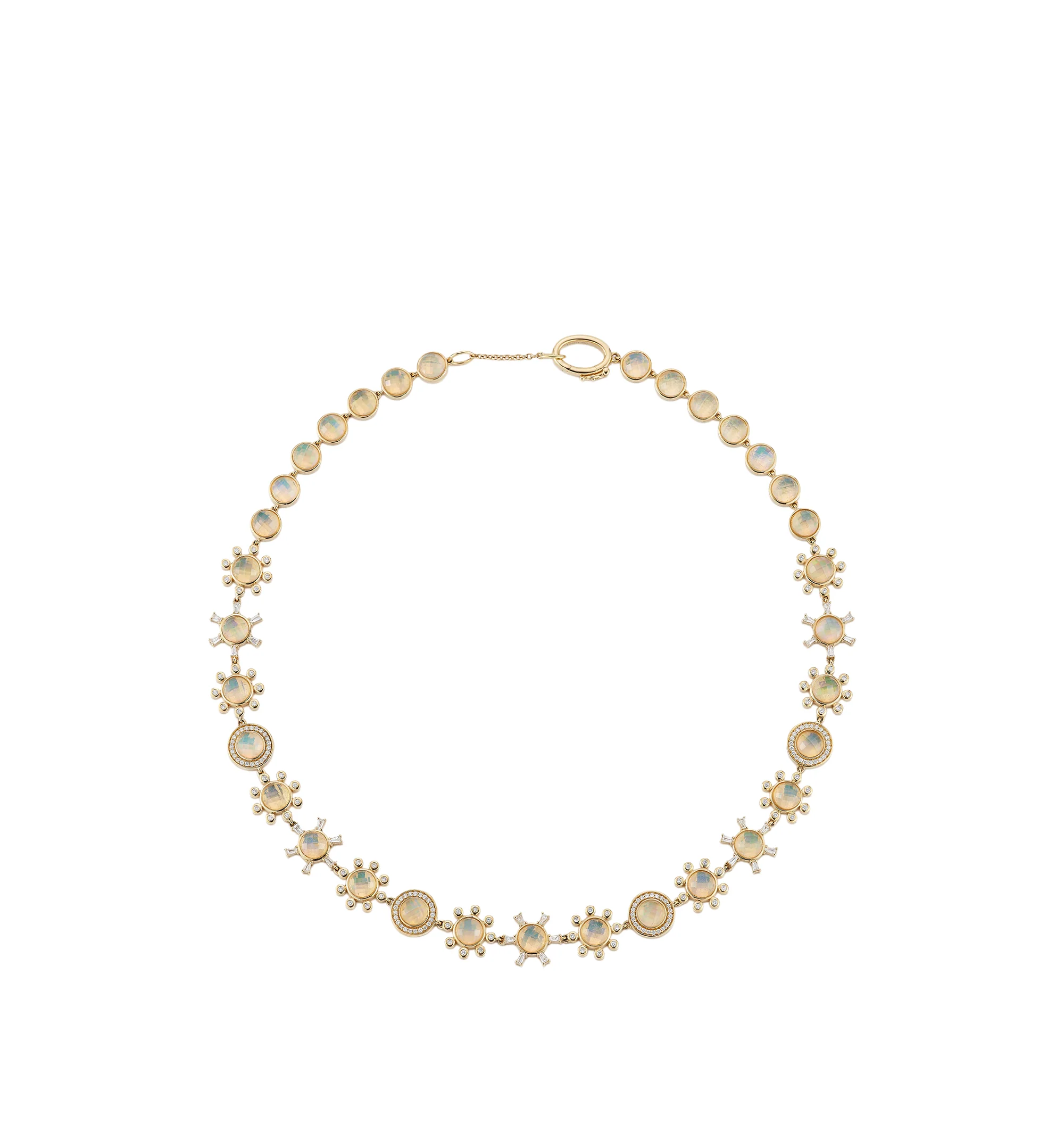 Image 1 of 2 - GOLD - Renna Women's Galaxy Necklace is crafted in 18K gold and features faceted rock crystal backed with luminous Australian opal, creating a striking galaxy-inspired effect accented by brilliant diamonds. This designer fine jewelry necklace combines exceptional craftsmanship with celestial elegance, offering an adjustable chain for versatile styling. Main Material: 18K Gold. Gemstones: Approximately 2.0 TCW Diamonds, 34.0 TCW Australian Opal. Adjustable Length: 1617 in.For personal consulta