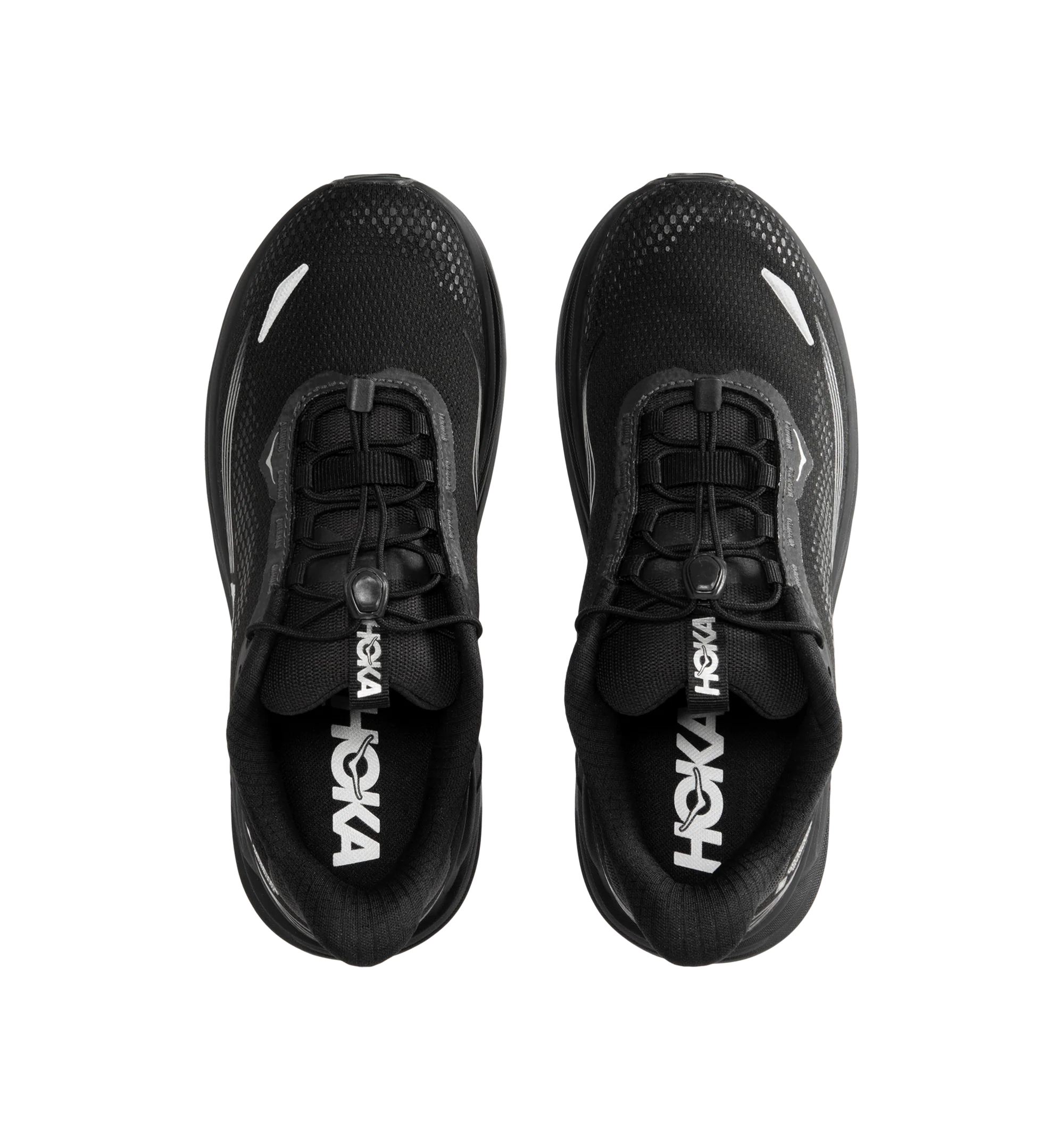 Image 5 of 5 - BLACK - Hoka Men's Clifton 11 GTX Running Sneakers feature a closed-mesh upper with a GORE-TEX Invisible Fit membrane and PFC-free water-repellent treatment. An adjustable speed-lace system with toggle, reflective details, a compression-molded EVA midsole, and a Durabrasion rubber outsole with forefoot traction pods complete the weather-ready design. Upper: Mesh with GORE-TEX Membrane. Midsole: EVA Foam. Sole: Rubber. Heel-to-Toe Drop: 8 mm.