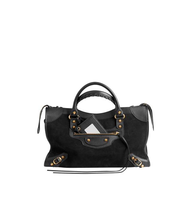 Image 1 of 4 - BLACK - BALENCIAGA Le City Bag Medium featuring suede calfskin and smooth calfskin, two hand-braided handles with waxed cord, removable and adjustable strap with shoulder pad, aged-gold hardware, double-sided zip with long tails and knotted leather puller, rront zipped pocket with knotted leather puller, 1 inner zipped pocket, 1 removable mirror, tone-on-tone Balenciaga logo debossed on mirror and cotton canvas lining. Calfskin, cotton, plexiglass. Made in Italy.