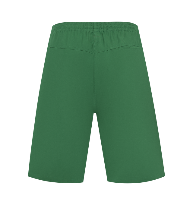 Image 2 of 3 - GREEN - HUMAN MADE Beach Shorts featuring shiny, firm cotton twill fabric, iconic heart logo on the front left hem, pockets on both sides and the right hip and waist cord with the brand logo. 100% cotton.  
