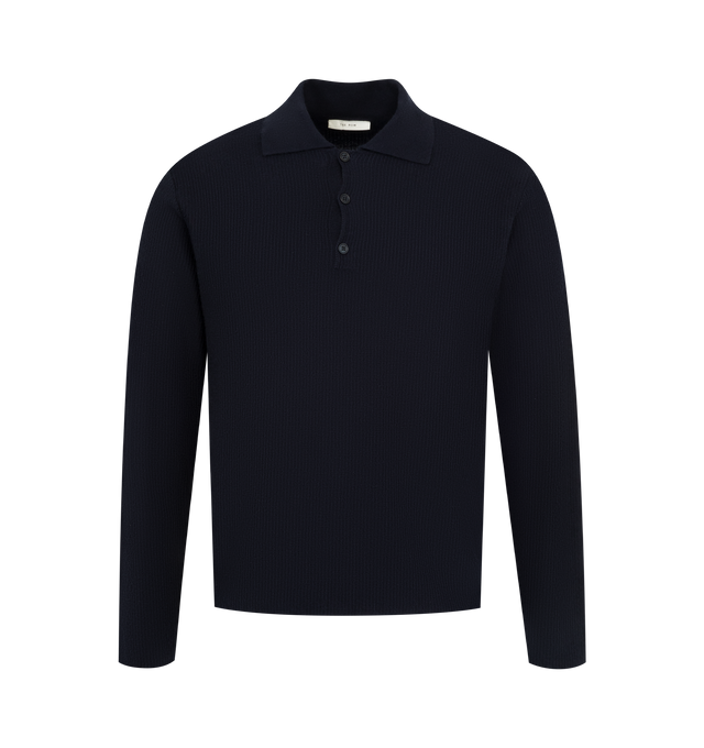 Image 1 of 2 - NAVY - THE ROW Bertram Top featuring long-sleeved polo top in lightweight cashmere with clean edge finish and horn button closure. 100% cashmere. Made in Italy.