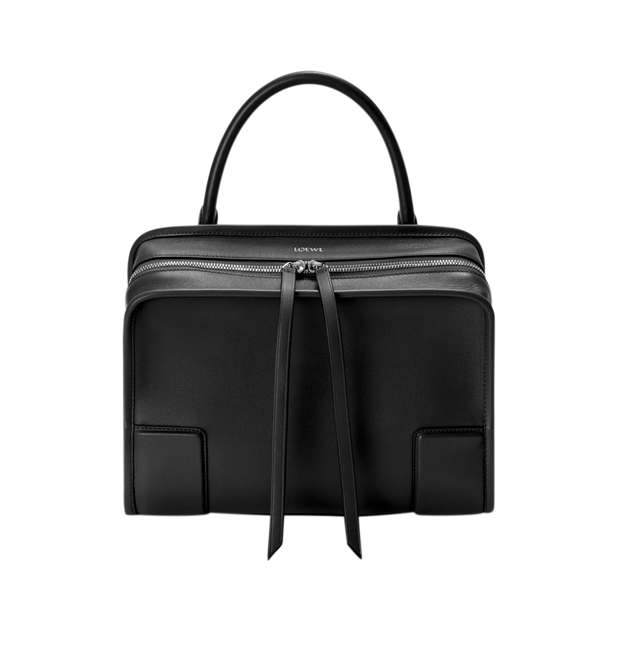 Image 6 of 17 - BLACK - Loewe Amazona Medium 180 Bag in soft calfskin leather featuring a relaxed silhouette with a single toron top handle, designed to be carried open, while a concealed closure secures the main compartment, removable shoulder and crossbody straps, zip closure with two leather zip pullers, two compartments, main compartment closed with magnetic closure, internal flat pocket, suede lining and embossed logo. Soft calfskin. Strap length 108 cm; Strap Drop 50 cm; Handle drop 11 - 28 cm; Height 