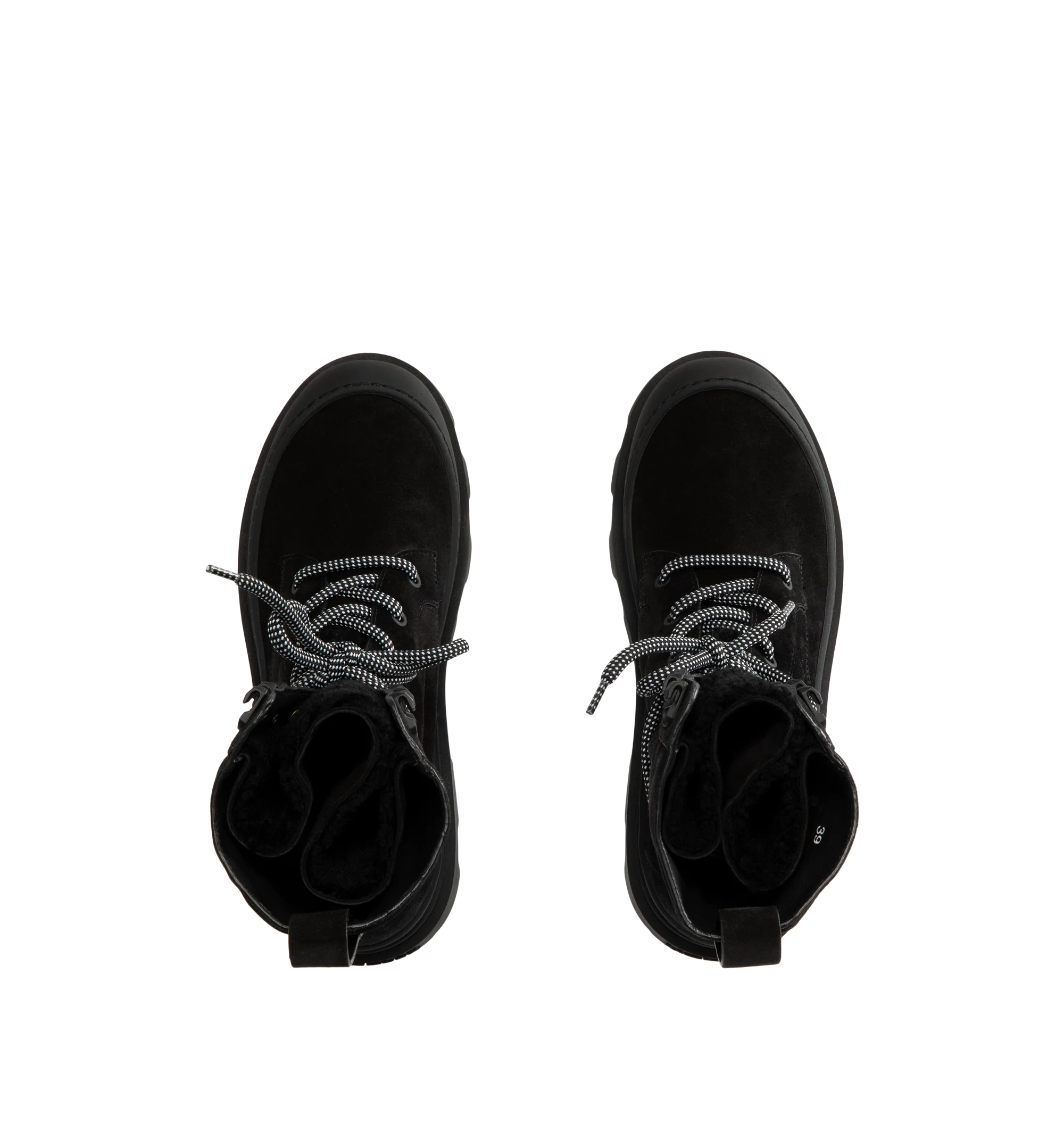 Image 4 of 4 - BLACK - Moncler Women's Vera High Suede Shearling Lace-Up Boots are crafted from supple suede and long-haired lambskin, combining rugged cold-weather styling with lightweight comfort. Designed with a lace-up closure and a functional back loop that secures the laces while allowing the shaft to be styled structured or slouchy, these calf-height designer boots are finished with a comfortable leather insole and a rubberized TPU sole with micro-foam filler. Upper: Cow Suede and Long-Haired Lambs
