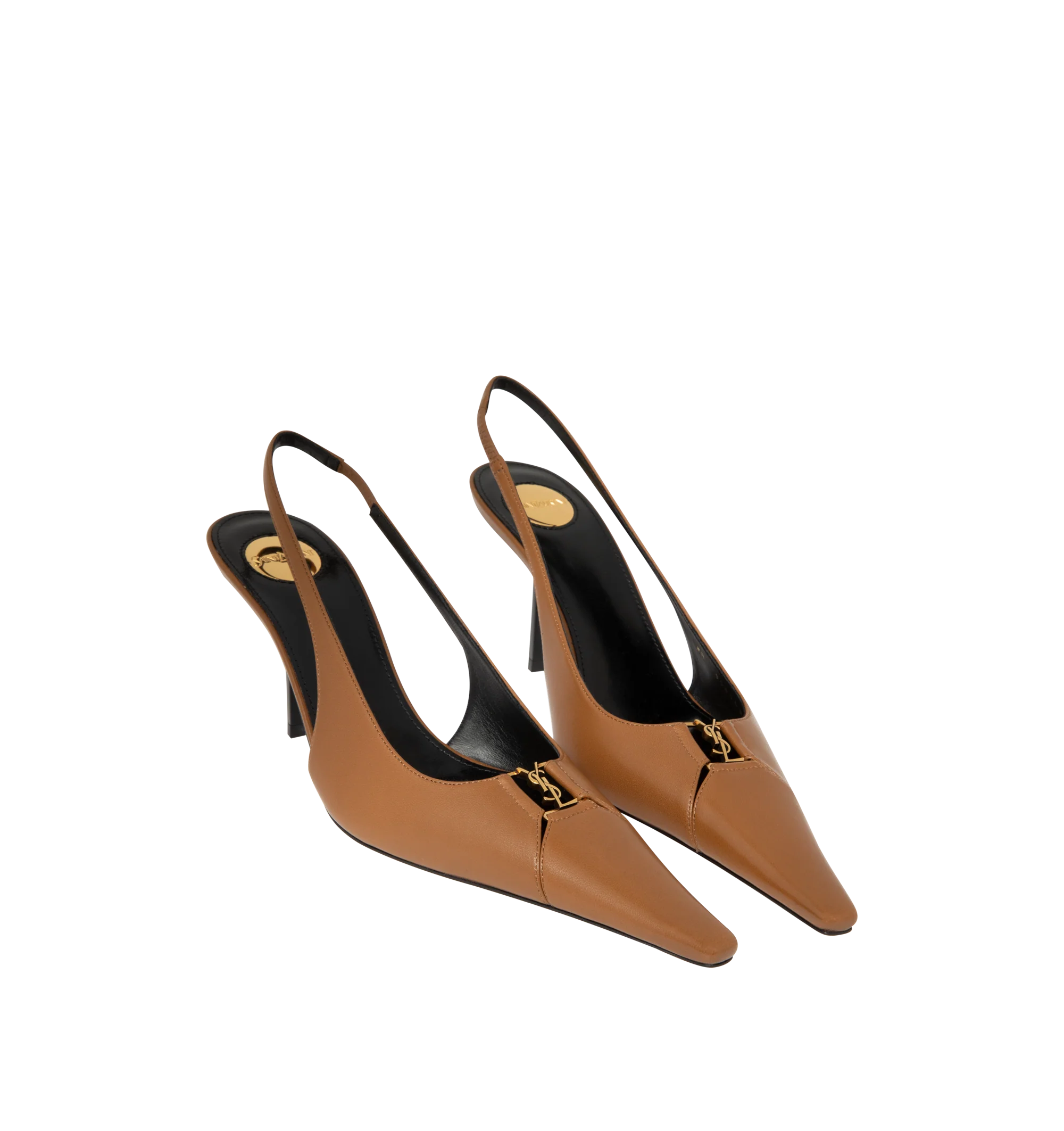 Image 2 of 4 - BROWN - Saint Laurent Womens Slingback Pumps are crafted from lambskin leather. Feature a cut-out elongated toe with signature Cassandre hardware, elasticized slingback strap, low stiletto heel, leather sole, and engraved Saint Laurent insole plaque. Main Material: Lambskin Leather; Hardware: Brass; Sole: Leather. Heel Height: 7.5 CM / 3 Inches Made in Italy. 