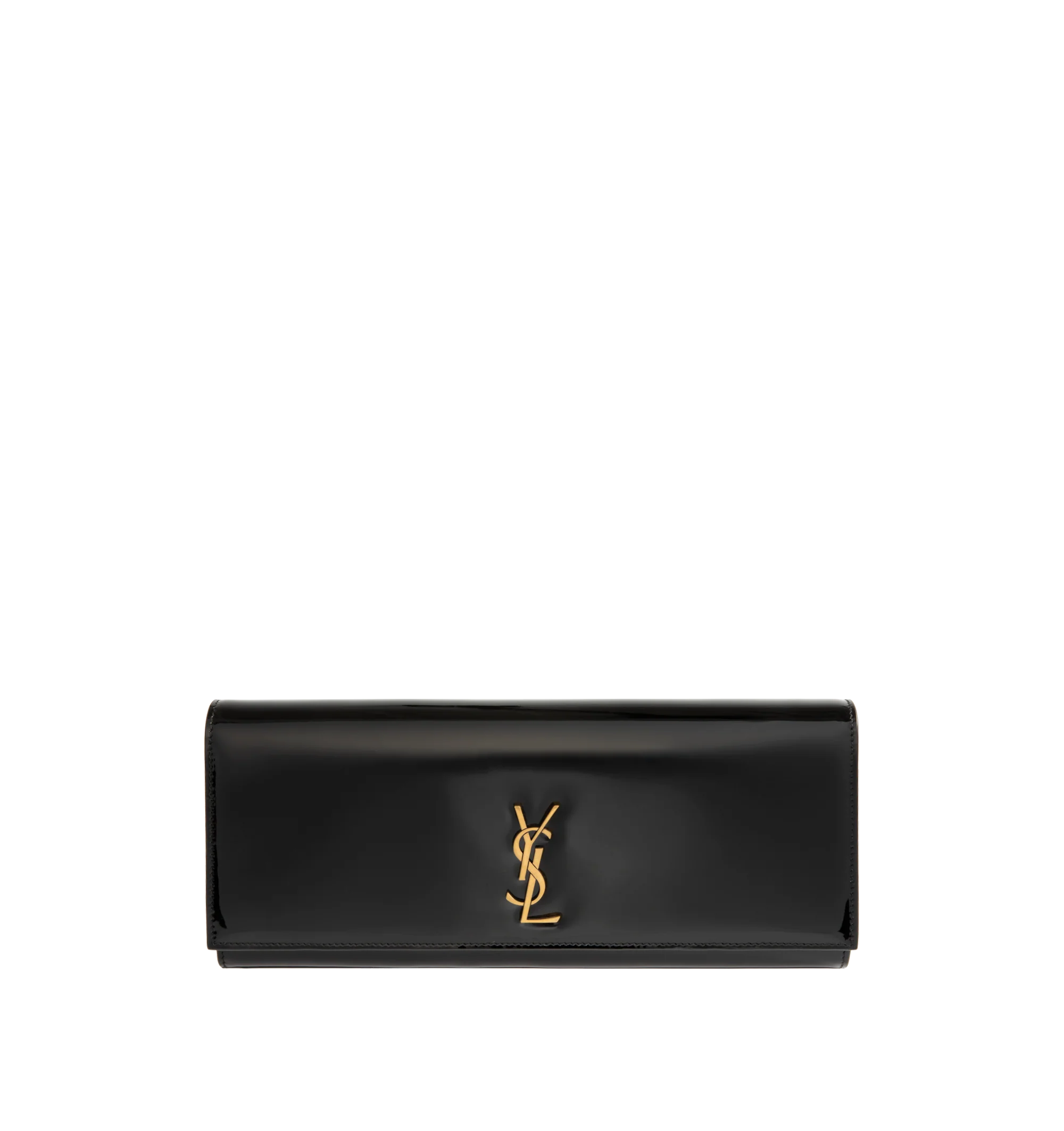 Image 1 of 3 - BLACK - Saint Laurent Women's Kate Clutch is crafted from black patent calfskin leather and decorated with the Cassandre emblem. The magnetic-snap design features a removable chain strap for clutch, shoulder, or crossbody wear, a leather-lined interior, and one flat pocket. Fits a large phone, slim card case, and keys. Main Material: 90% Calfskin Leather, 10% Metal. Dimensions: 28 x 14 x 3 cm / 11 x 5.5 x 1.2 in. Strap Drop: 35 cm / 13.8 in. Made in Italy.