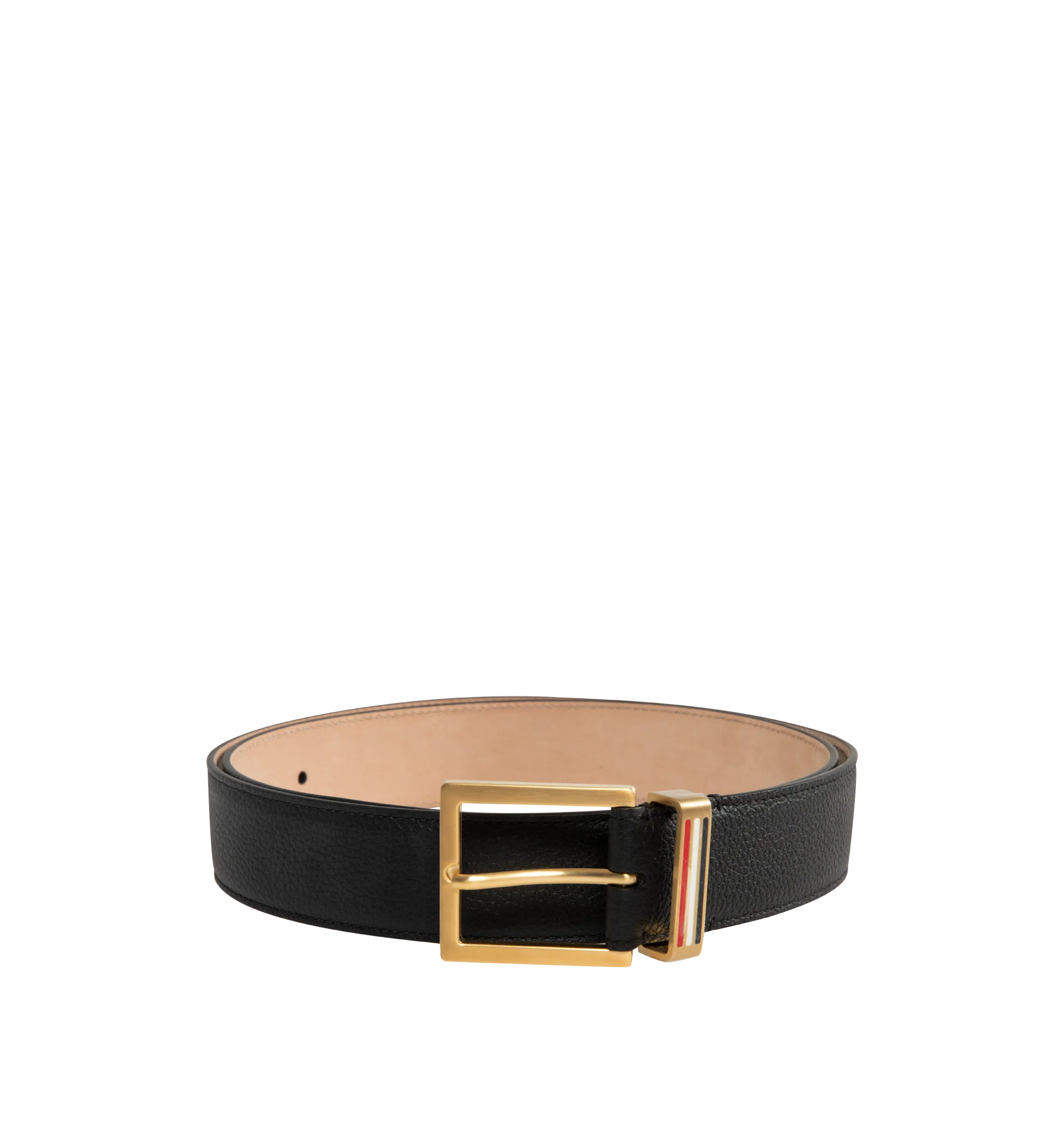 Image 1 of 2 - BLACK - Thom Browne Mens Belt is crafted from soft pebble grain calf leather. Features a polished metal loop buckle with signature RWB stripe detail and a structured silhouette. Main Material: 100% Calf Full Grain Leather. Made in Italy.