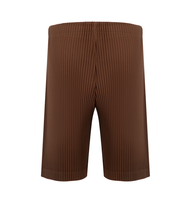 Image 2 of 3 - BROWN - ISSEY MIYAKE Shorts featuring pleated jersey material, quick-drying property, pockets on both sides, a drawcord at the waist and a button-fly design. 100% polyester. Made in Japan. 
