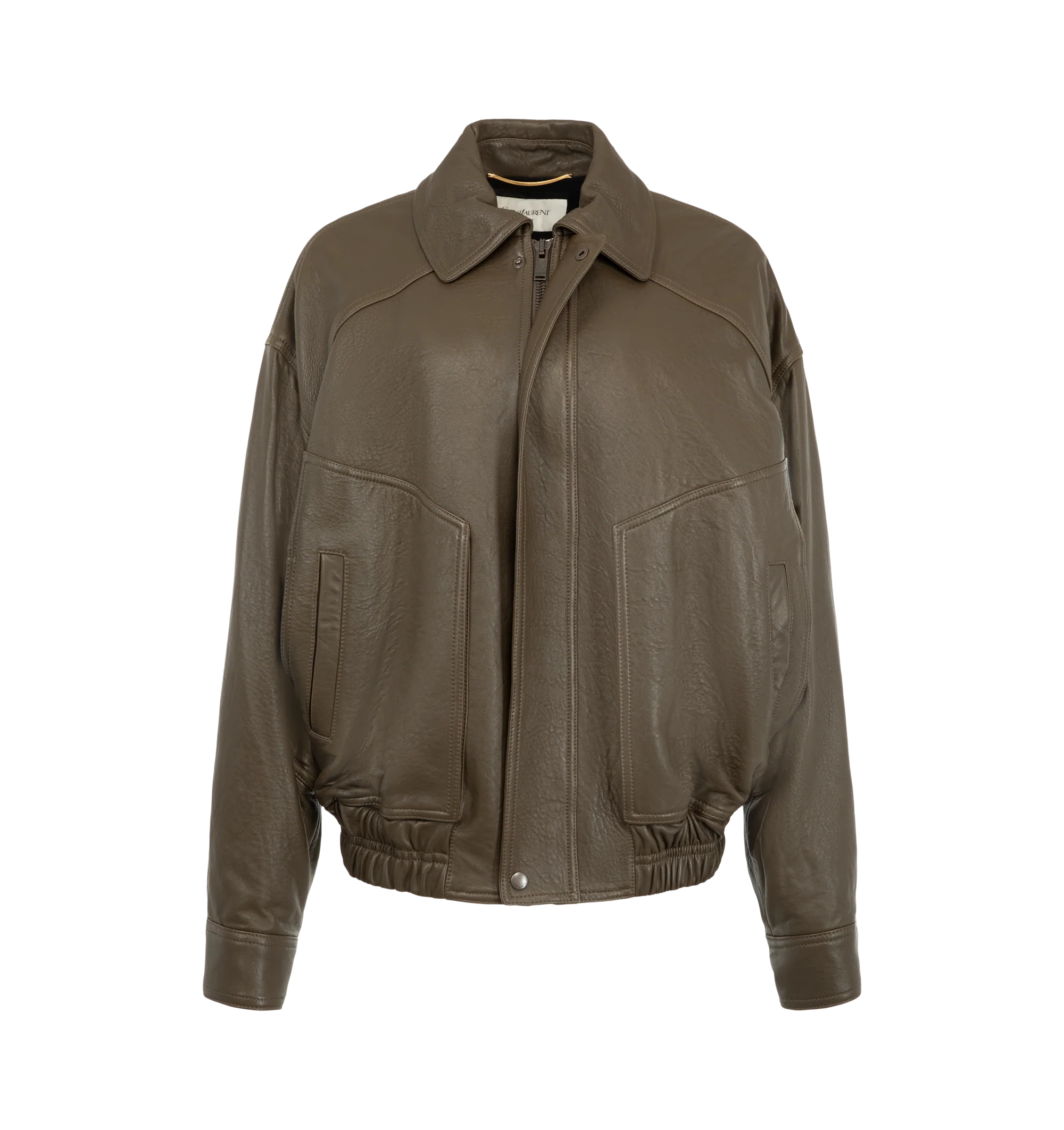Image 2 of 4 - BROWN - Saint Laurent Women's Ranch Lambskin Bomber Jacket is crafted from supple lambskin leather and features a pointed collar, dropped shoulders, and an elasticized waist. A front zip closure with a snap-button storm flap, two front patch pockets, an interior welt pocket, and snap-button cuffs complete the design. Main Material: 100% Lambskin Leather. Lining: Cotton. Made in Italy. This item may be restricted for online purchase to international clients. For assistance purchasing this item