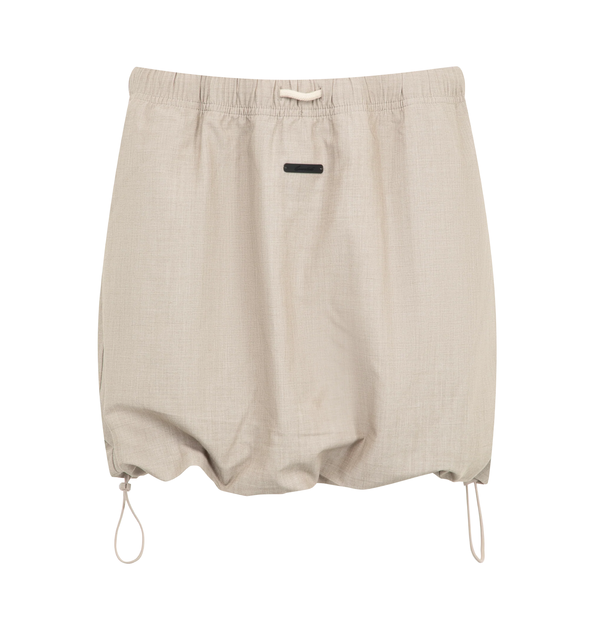 Image 1 of 3 - NEUTRAL - The Fear Of God Essentials Women's Micro Skirt is crafted from a silk stretch blend for elevated comfort. This mini silhouette features an encased elastic waistband with bungee drawcords and adjustable toggles at the waist and hem. Materials: 69% Polyester, 19% Silk, 8% Wool, 4% Spandex.