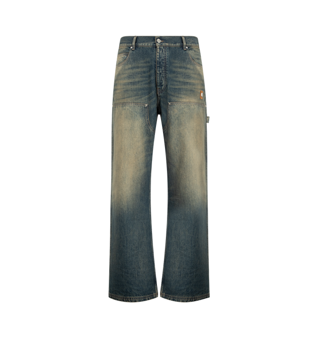 Image 1 of 4 - BLUE - AMIRI Lightweight Distressed Carpenter Jeans featuring distressed details, zip fly with button closure, five-pocket style, carpenter pocket and hammer loop. 100% cotton. Made in Italy.