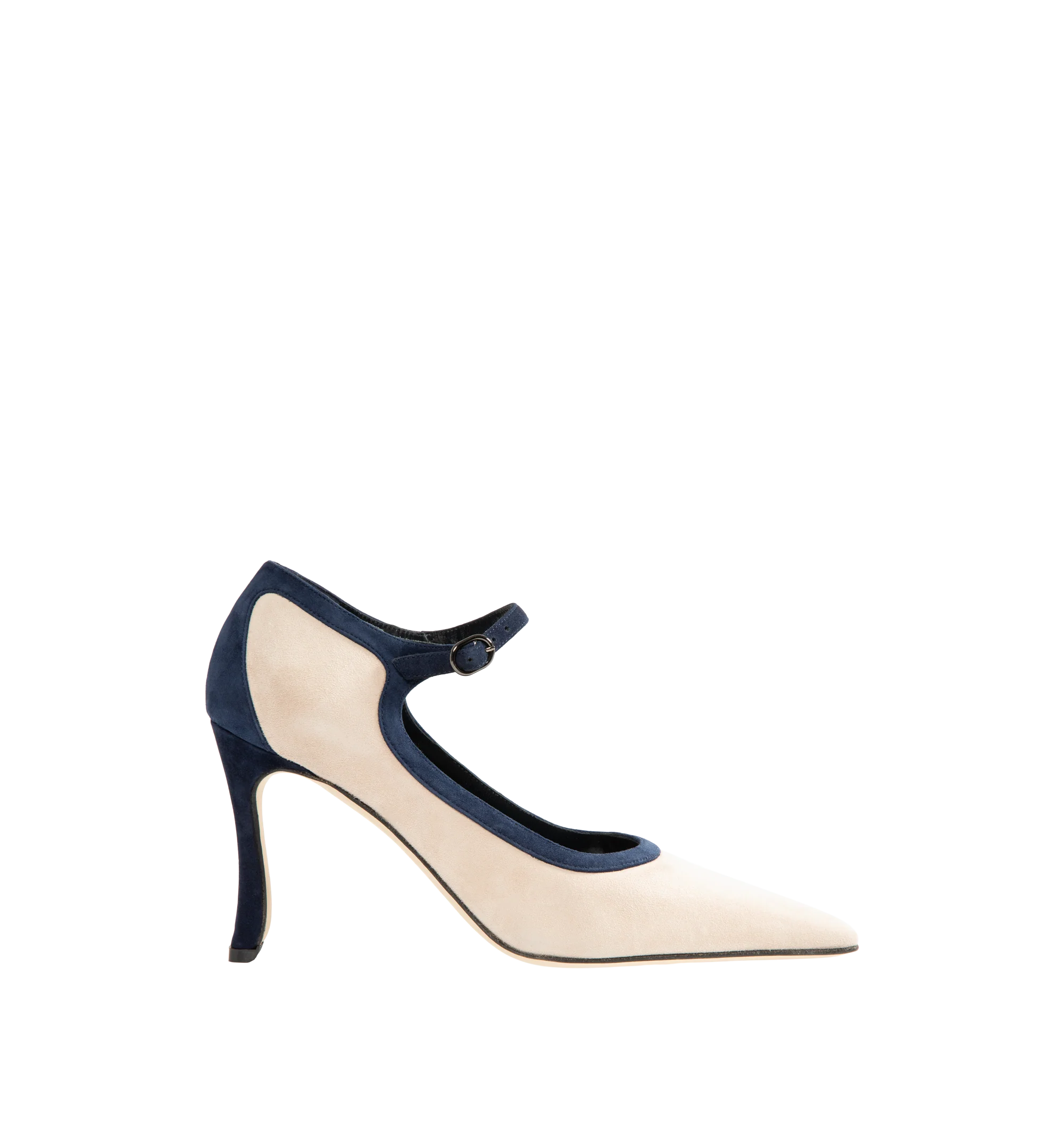 Image 1 of 4 - NEUTRAL - Manolo Blahnik Women's Churla 90 Pumps are crafted from kid suede and feature an almond toe, contrasting navy heel counter, edging, and ankle strap with a buckle closure, finished with a sculptural 90mm angular heel. These designer suede pumps combine exceptional Italian craftsmanship with timeless Mary Jane styling, making them an elegant choice for both day and evening wear. Main Material: 100% Kid Suede. Lining: 100% Kid Leather. Sole: 100% Calf Leather. Heel Height: 90mm. Made i