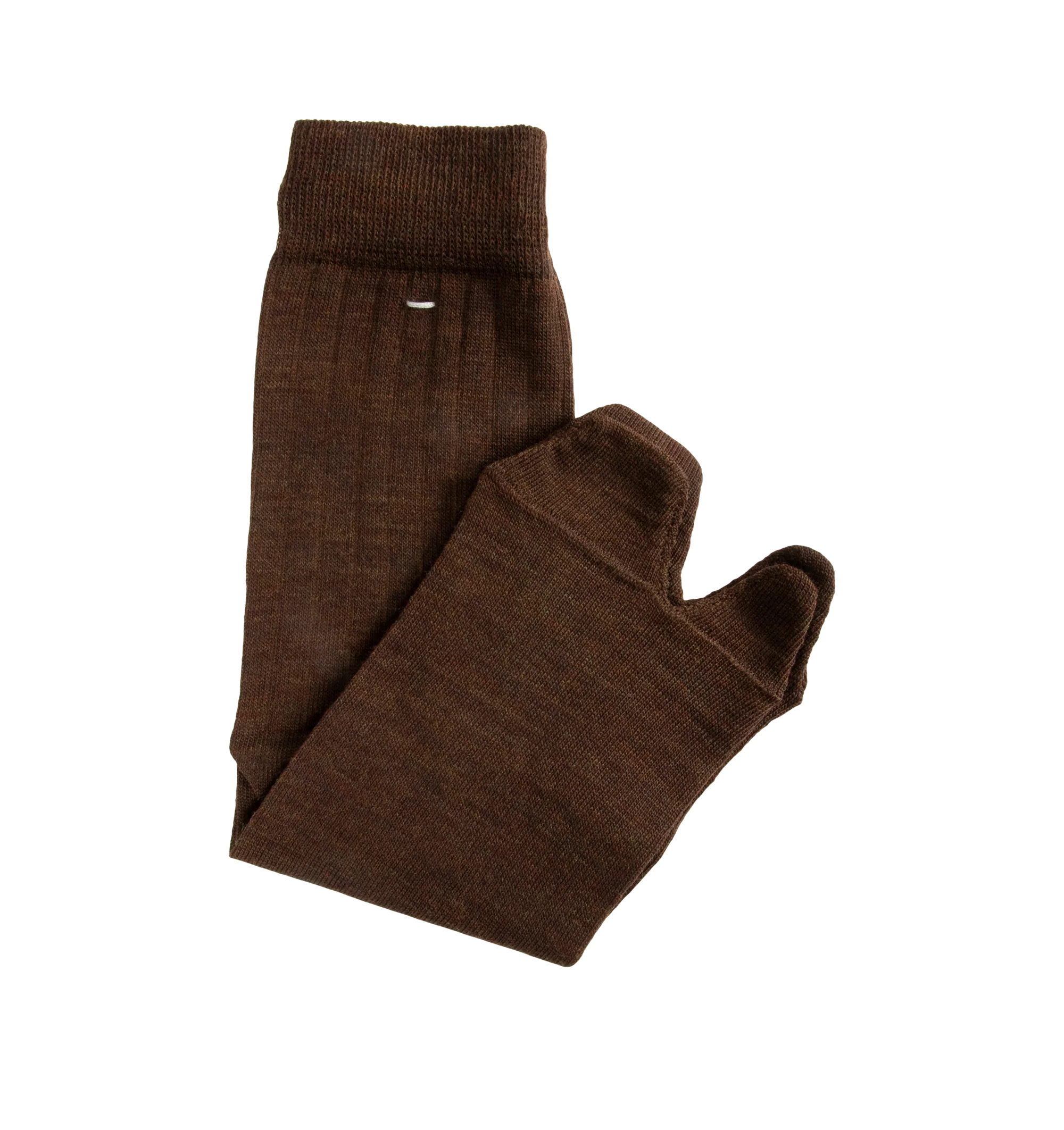 Image 2 of 2 - BROWN - Maison Margiela Tabi Socks are crafted from a wool-blend jersey and feature the Maison's iconic split-toe construction inspired by traditional Japanese tabi socks. Designed with ribbed cuffs, a mid-calf length silhouette, and the signature single white stitch at the back, these socks combine comfort with a distinctive archival design. Main Material: 78% Wool, 22% Polyamide. Made in Italy. 